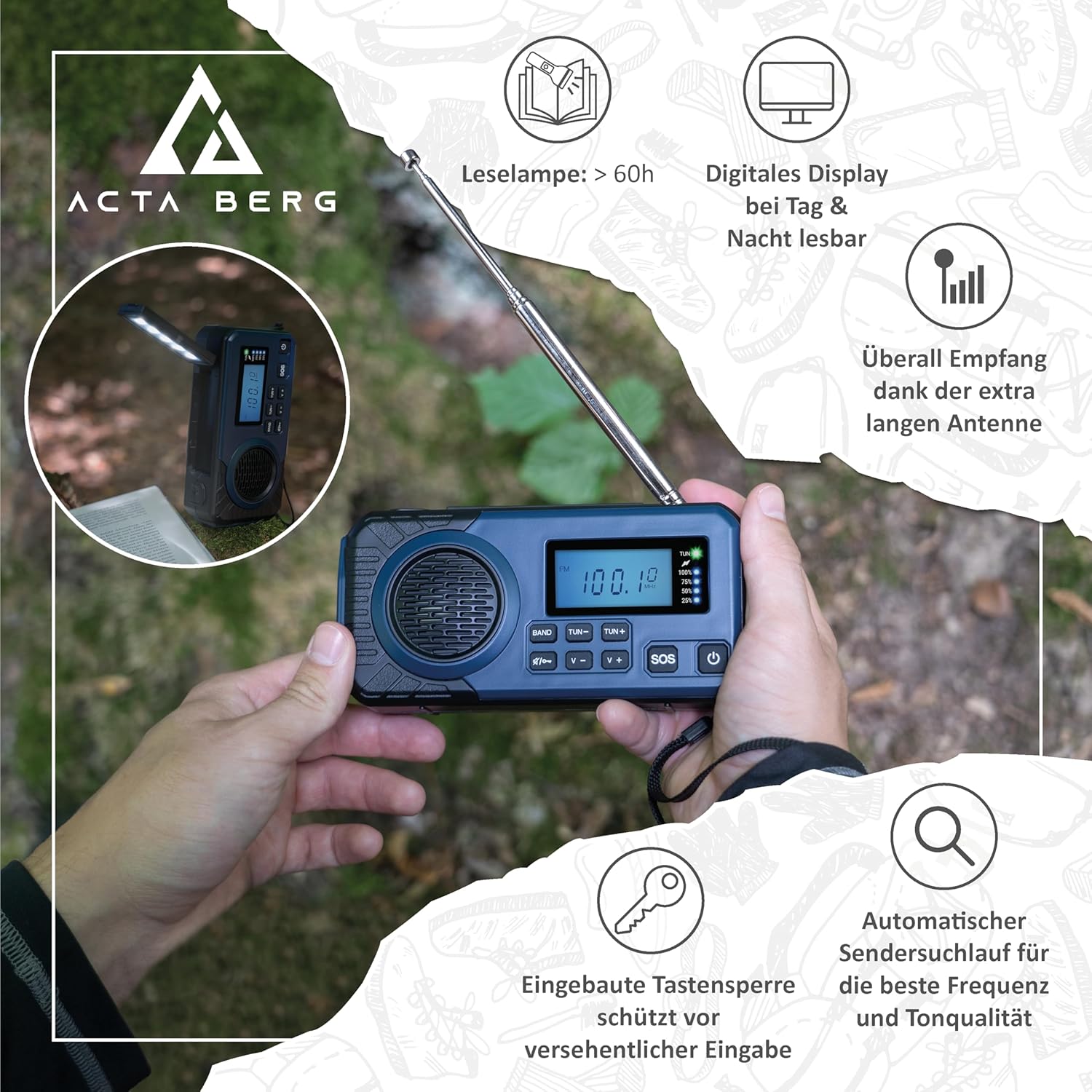 Acta Berg Kurbelradio Notfallradio mit 5000-mAh-Akku (Mitternachtsblau) | AM/FM/SW USB-batteriebetriebene Notfallausrüstung für Stromausfälle, integrierte Taschenlampe, Handy-Ladegerät – Bild 4
