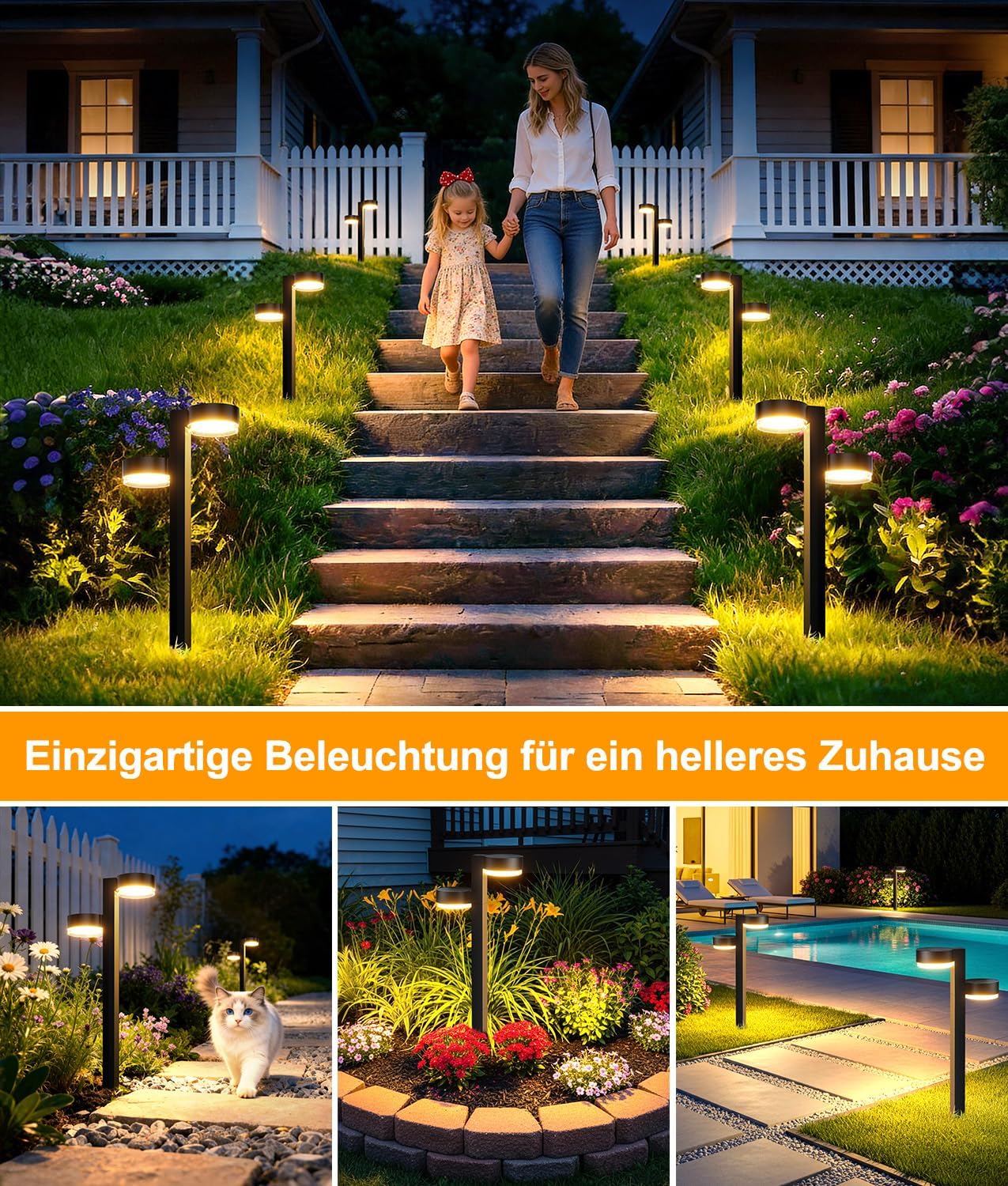 GEARLITE Solarleuchten für den Garten im Freien, 4er-Pack, 2-in-1 superhelle 3500 K warmweiße Solarleuchten für den Außenbereich mit 24 LEDs, automatisches Ein-/Ausschalten, IP65 wasserdichte Solar-Gartenleuchten für Weg, Rasen, Hof, Terrasse, Balkon – Bild 6