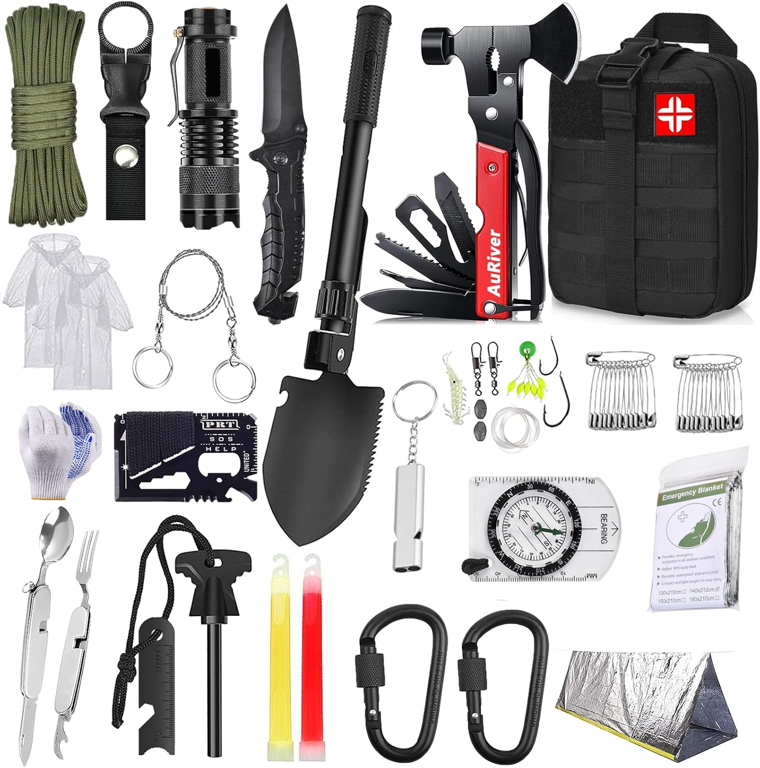 Survival-Kit 163 in 1, Notfall-Überlebensausrüstung mit Kompass, Jagdmesser, Multitool, Hammer, Axt, Taschenlampe und anderem Zubehör, Geschenke für Männer, Camping, Wandern, Abenteuer