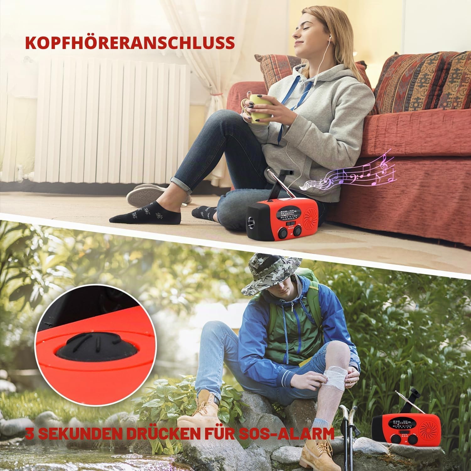 iRonsnow Notfall-Solarradio, tragbares Kurbelradio mit LED-Taschenlampe, wiederaufladbares 5000mAh-Netzteil, SOS-Alarm, AM/FM-Solarwindradio, USB-Ladegerät für Wandern, Camping (5000mAh Rot) | Tragbare, selbstbetriebene Radios mit SOS-Alarm, LED-Taschenlampe, Smartphone, USB-Ladegerät für Camping, Rot – Bild 6