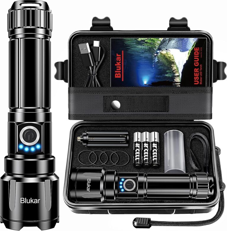 Blukar Taschenlampe LED wiederaufladbar, extrem hell, hohe Helligkeit, zoombare Taschenlampen, stark mit 5 Lichtmodi, IP67 wasserdichte Taschenlampe für Camping, Wandern, Outdoor, Angeln, Notfall