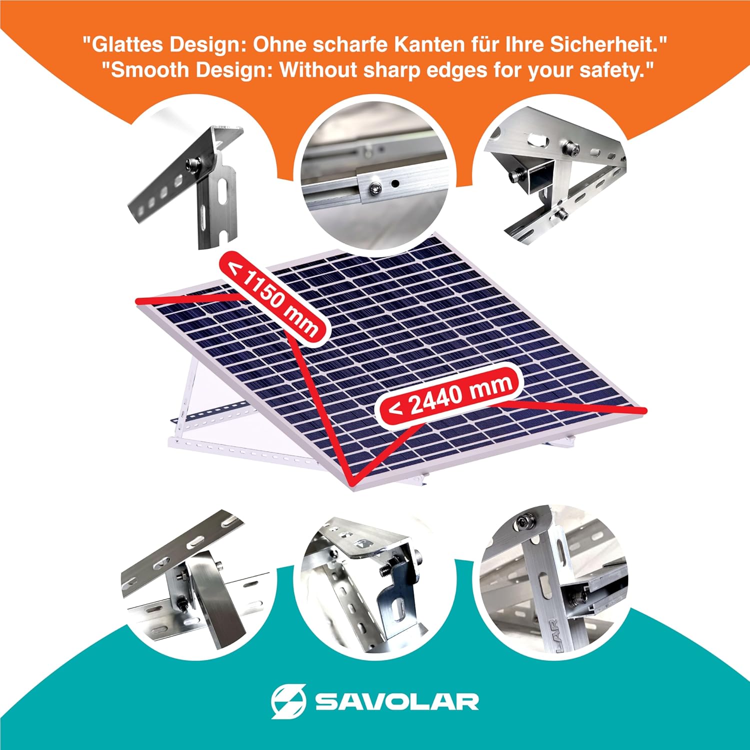 Solarpanel-Halterung, 2 Stück, Aluminium & Edelstahl, Wandmontage, für Balkonkraftwerk bis 117 cm, Winkel verstellbar 0–90°, kompatibel mit Solarmodulen 100 W–600 W Breite – Bild 5