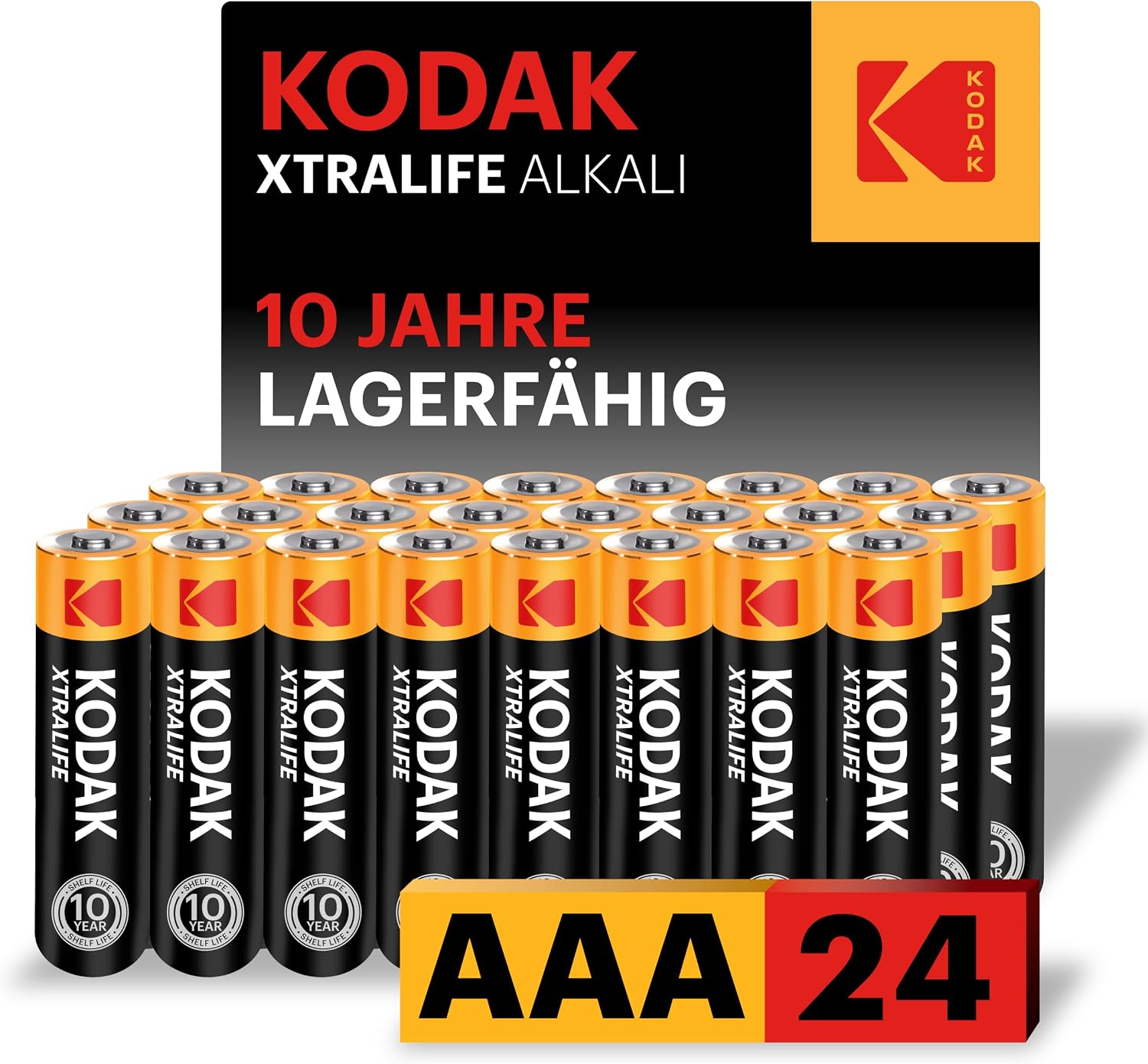 Kodak Xtralife AAA-Batterien 24er-Pack, Triple-A-Alkali-LR03-1,5-V-Batteriesatz, ideal für Haushaltsuhren, Fernbedienungen, kabelloses Spielzeug und Elektronik | 109 % mehr Leistung, 10 Jahre Haltbarkeit, fortschrittlicher Auslaufschutz, Hochleistungsbatterien