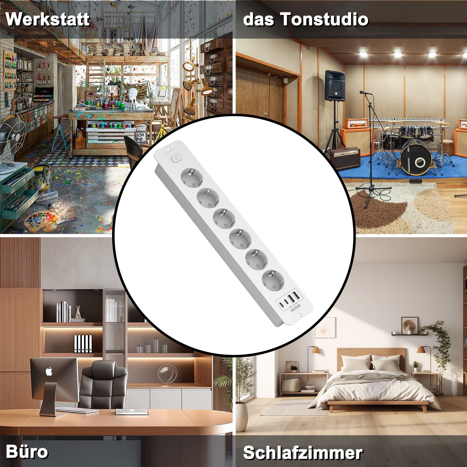 Ausziehbare Steckdosenleiste 6-fach mit 4 USB (2 USB-C, 2 USB-A), 16 A, 2 m Kabel, Energiesparschalter – unsichtbare Steckdose für einen sauberen Schreibtisch – Bild 7