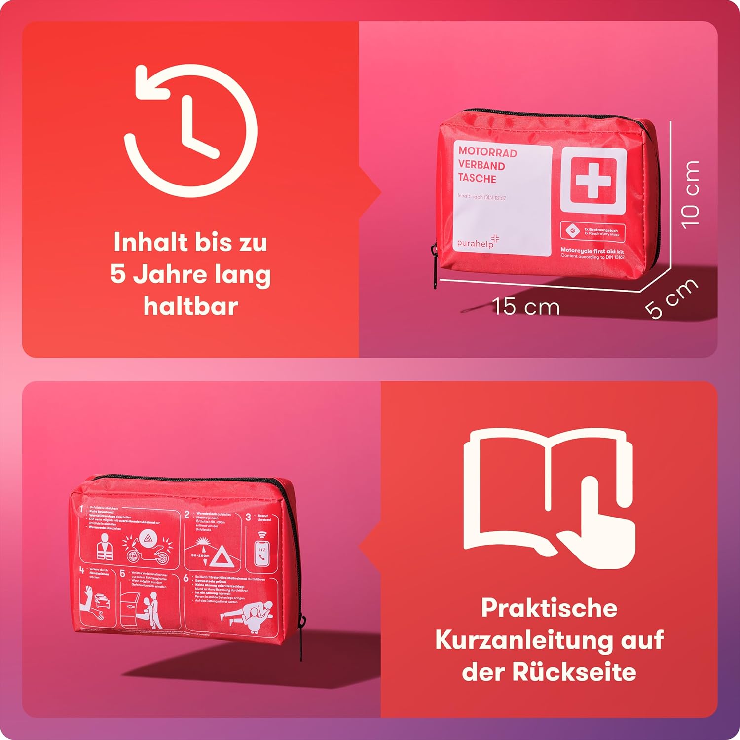 PURAHELP Motorrad-Erste-Hilfe-Set nach aktueller Norm 2026 DIN 13167 (StVO-konform) – inkl. Warnweste & Belüftungstuch – Motorrad-Verbandset 2026 Mini Small – Bild 7