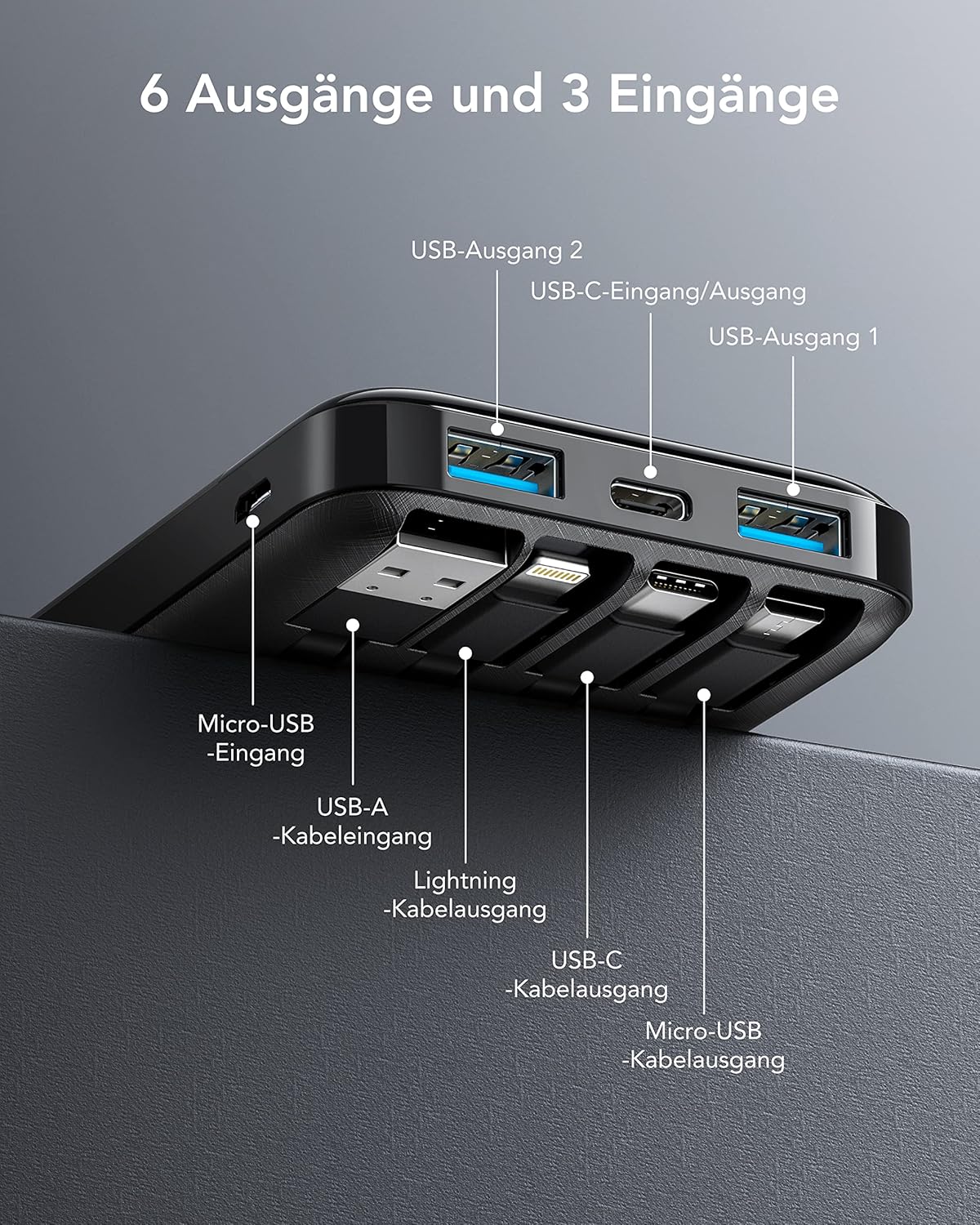 Charmast Powerbank 10000 mAh, externer Akku, USB-C-Powerbank mit 4 integrierten Ladekabeln, tragbares Ladegerät, LED-Display, kompakt, schlank, 6 Ausgänge, kompatibel mit iPhone, Huawei, Samsung Tablet – Bild 6