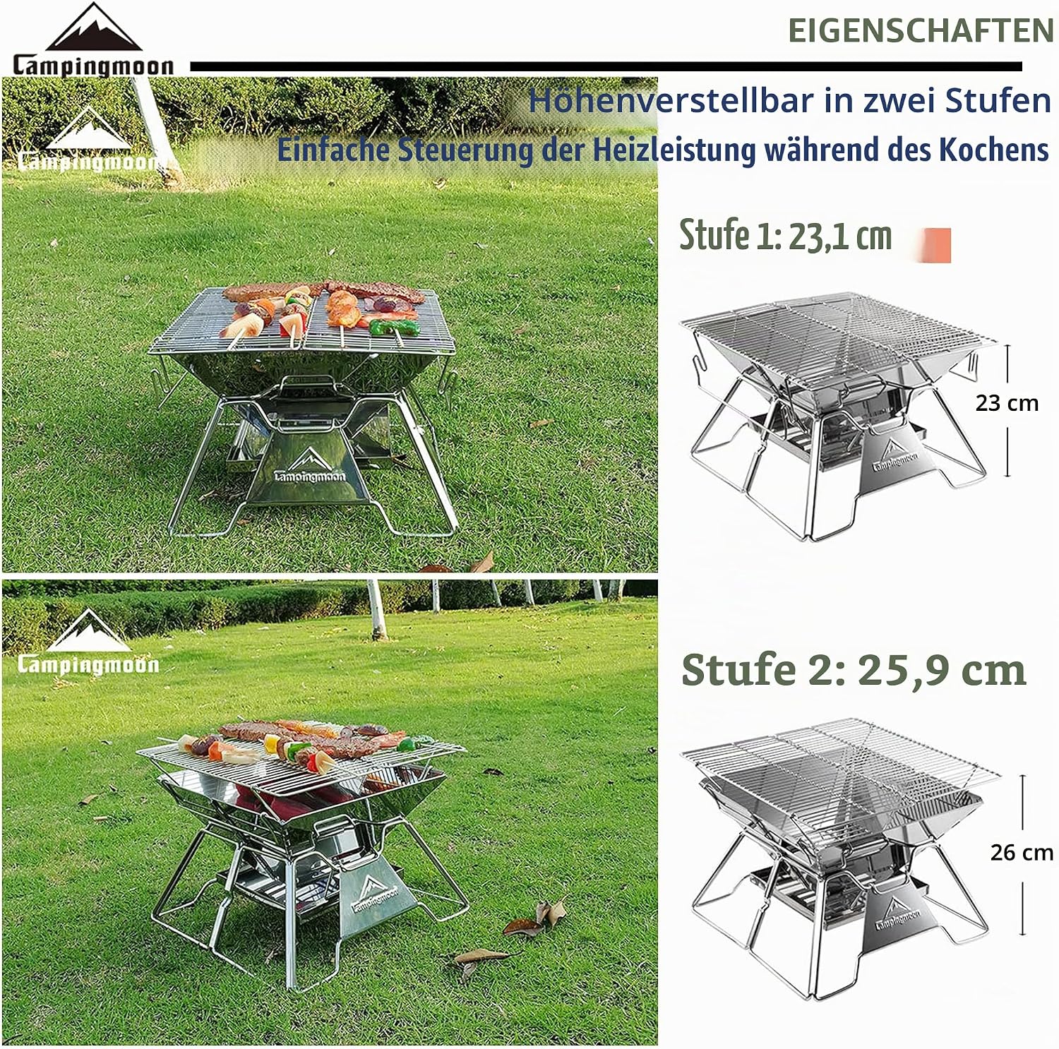 Campingmoon Campinggrill, Edelstahl, faltbar, tragbar, Holzkohlegrill, 35,6 cm, mit Tragetasche, MT-2 – Bild 4