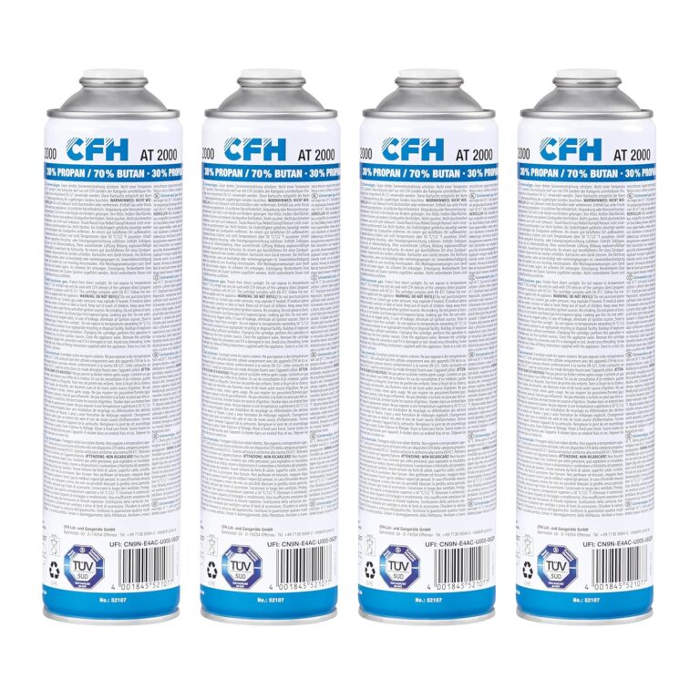 Universal-Druckgasdose CFH AT 2000 – 4 Stück, Druckgasdose mit Schraubgewinde nach DIN EN 417, Propan-/Butan-Gasgemisch (30 %/70 %), 4 x Inhalt 330 g, für Gasgeräte mit Schraubanschluss nach DIN 521