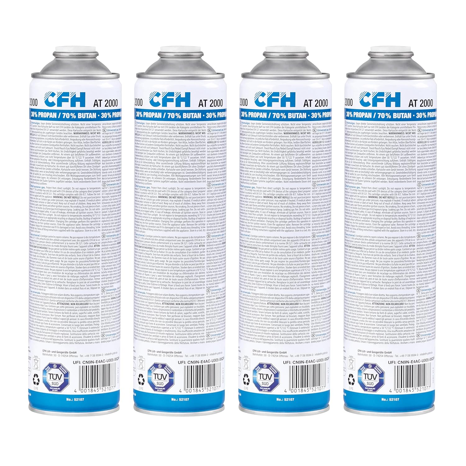 Universal-Druckgasdose CFH AT 2000 – 4 Stück, Druckgasdose mit Schraubgewinde nach DIN EN 417, Propan-/Butan-Gasgemisch (30 %/70 %), 4 x Inhalt 330 g, für Gasgeräte mit Schraubanschluss nach DIN 521