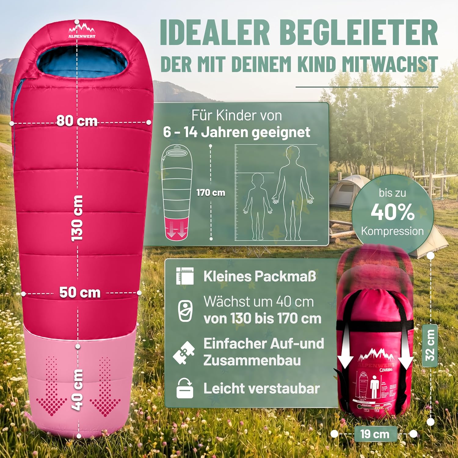 ALPENWERT® Kinder-Sommerschlafsack – wächst mit! (130-170 cm) – nur 920 g, kompakt (32 x 19 cm) – perfekt für Camping, Festival, Outdoor – Mumienschlafsack ab 6 Jahren – Bild 2