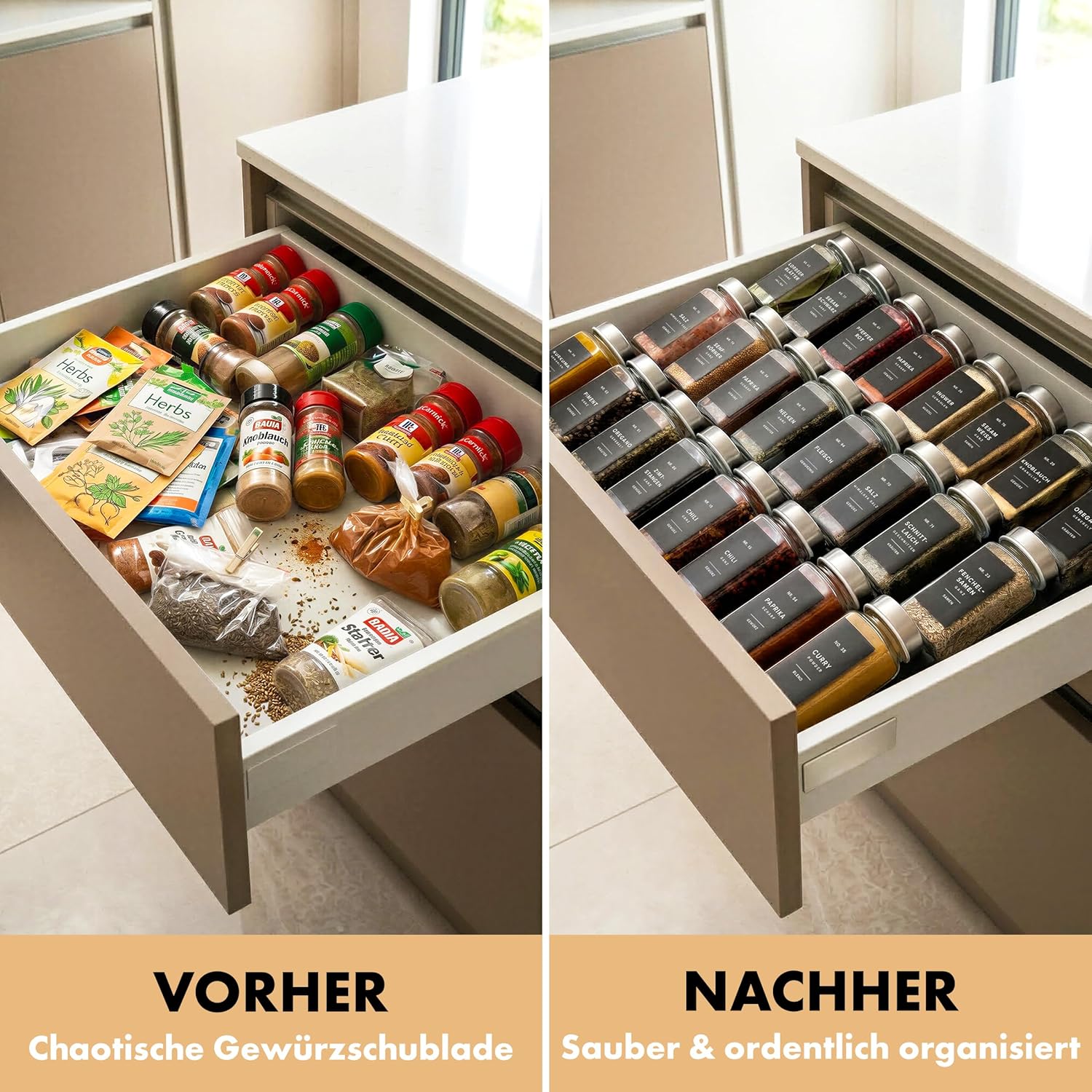 EDELHAUS Quadratisches Gewürzdosen-Set mit Edelstahldeckel (24 x 120 ml), Gewürzstreuer mit Streueinsatz und 240 Etiketten schwarz – hochwertige Gewürzbehälter, Gewürzdosen, Gewürz-Organizer (10,7 cm x 4,5 cm) – Bild 5
