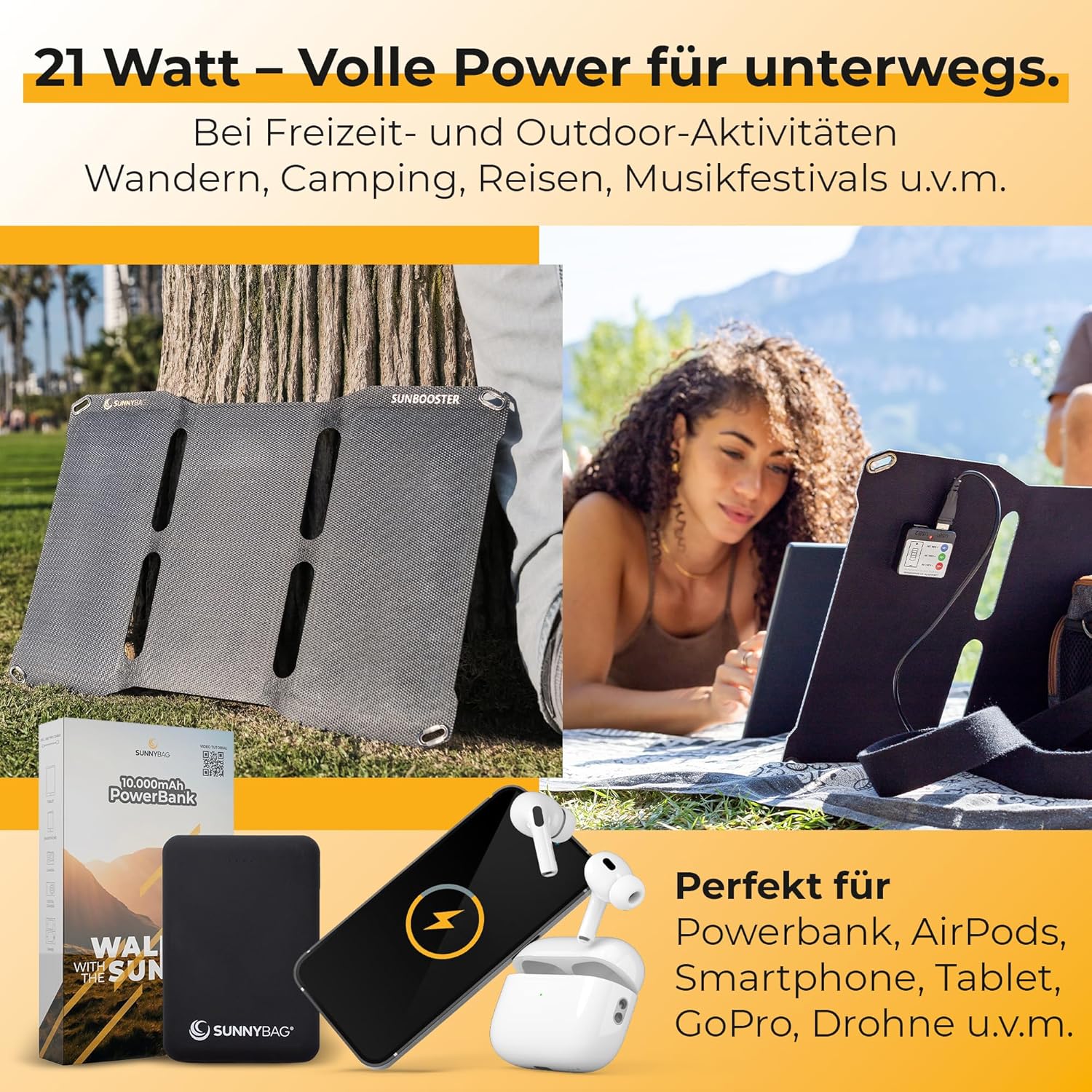 SunnyBAG SUNBOOSTER faltbares Solarmodul mit 21 Watt Leistung, umweltfreundliches Laden mit Solarenergie, wasserdicht und leicht, 2 USB-Ausgänge, 49 x 31 x 0,2 cm – Bild 2