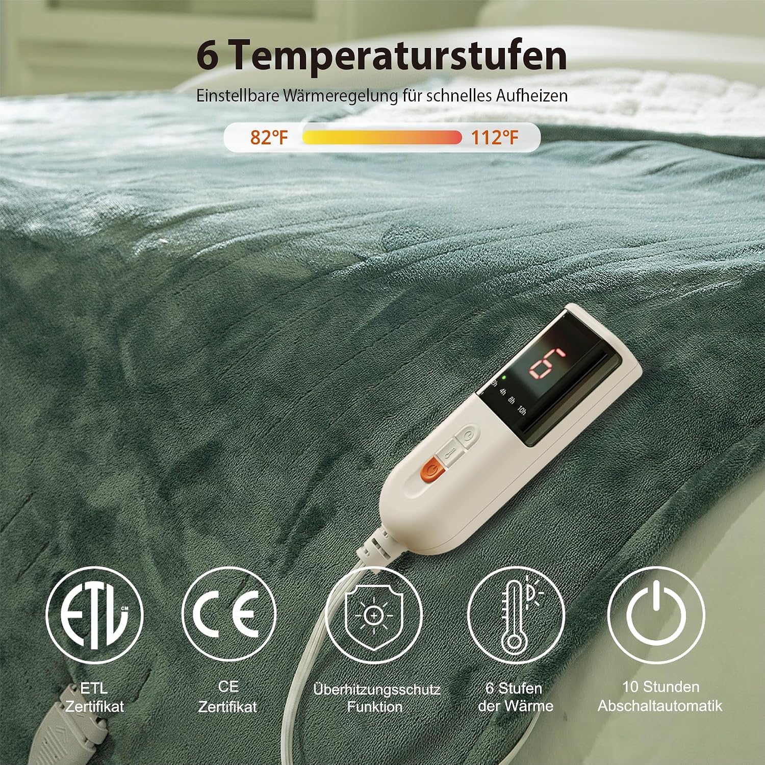 GOTCOZY Heizdecke 130 x 180 cm – weiche, seidige Plüsch-Heizdecke, Heizdecke, 9 Heizstufen und 10 Stunden Auto-Off-Timer, Überhitzungsschutz, Kuscheldecke für Bett und Büro, waschbar (grün) – Bild 4