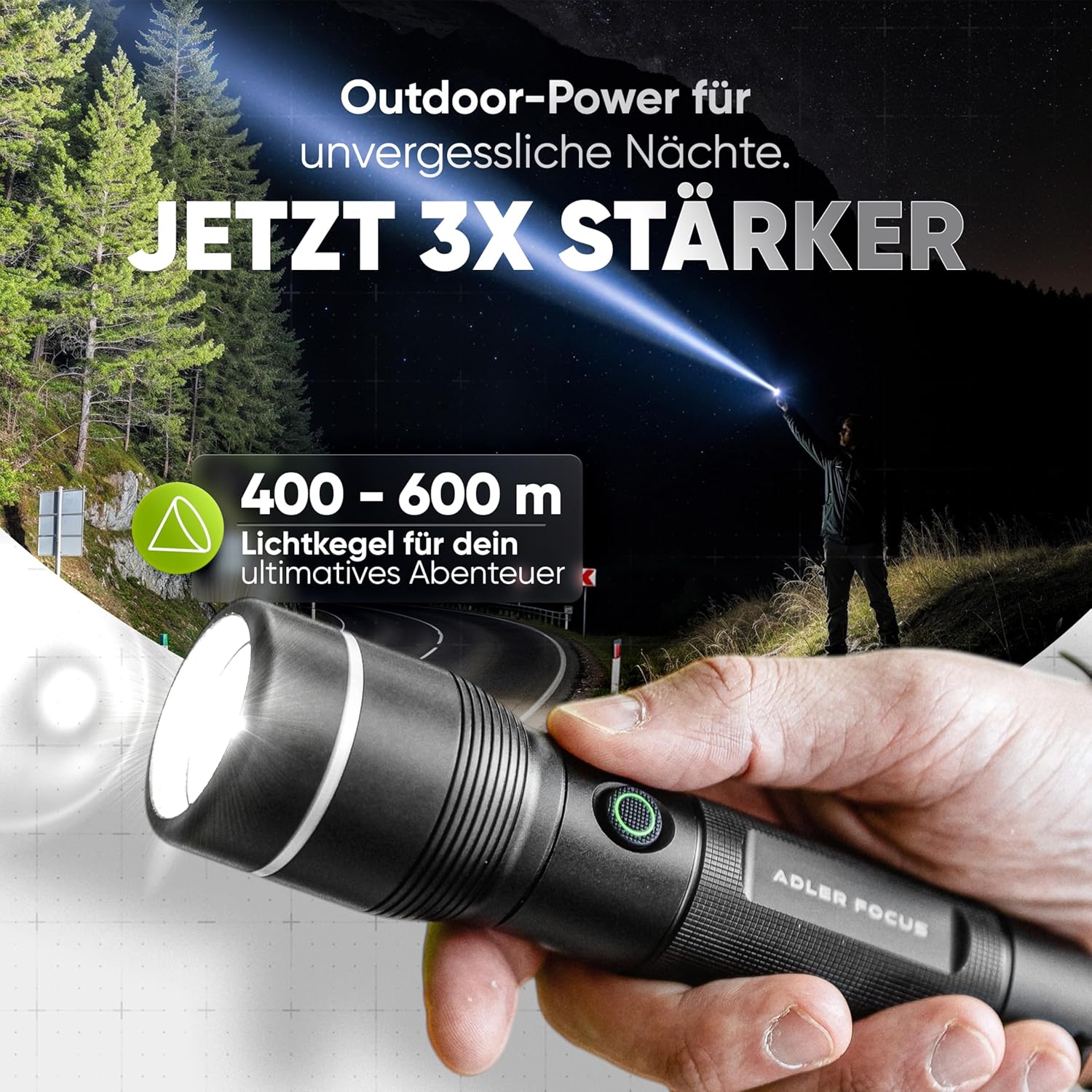 Taschenlampe | LED wiederaufladbar 1000 Lumen | Fokussierbare Strahlreichweite von 600 Metern | 22 Stunden Lichtzeit | Für Camping, Wandern (Energieklasse A) – Bild 2