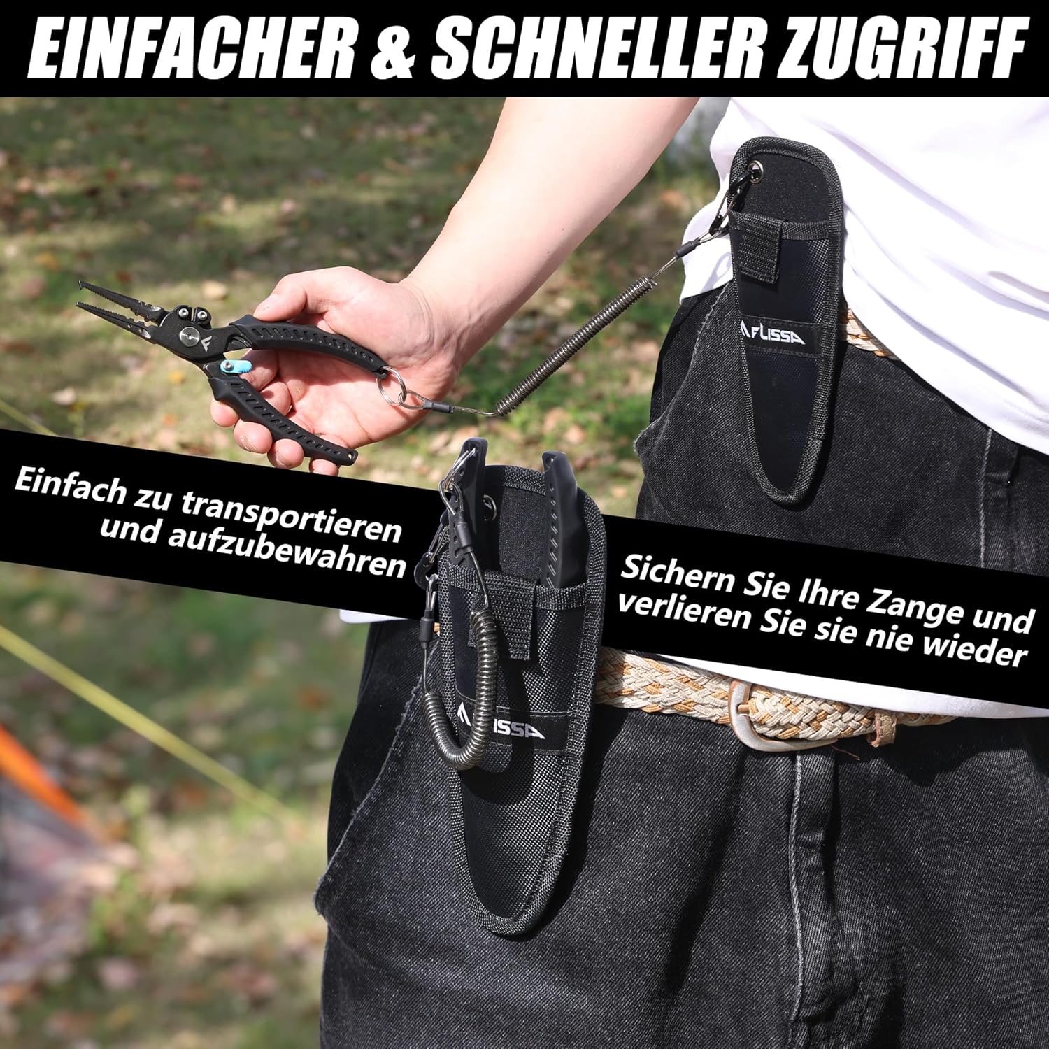 FLISSA Multifunktionale Angelzange, Multi-Angelzange mit Hakenlöser, Sicherheitsverriegelung, TPR-Griff, Edelstahlbacken, scharfe Schneidklingen mit Trageband und Tragetasche zum Angeln – Bild 4