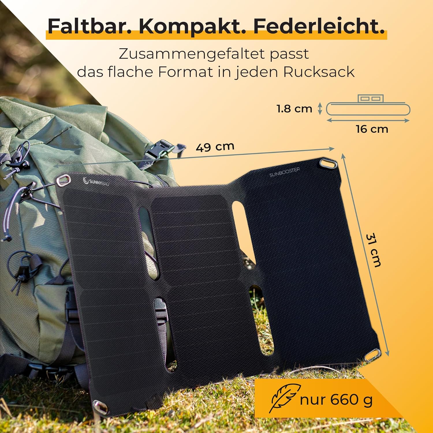SunnyBAG SUNBOOSTER faltbares Solarmodul mit 21 Watt Leistung, umweltfreundliches Laden mit Solarenergie, wasserdicht und leicht, 2 USB-Ausgänge, 49 x 31 x 0,2 cm – Bild 6