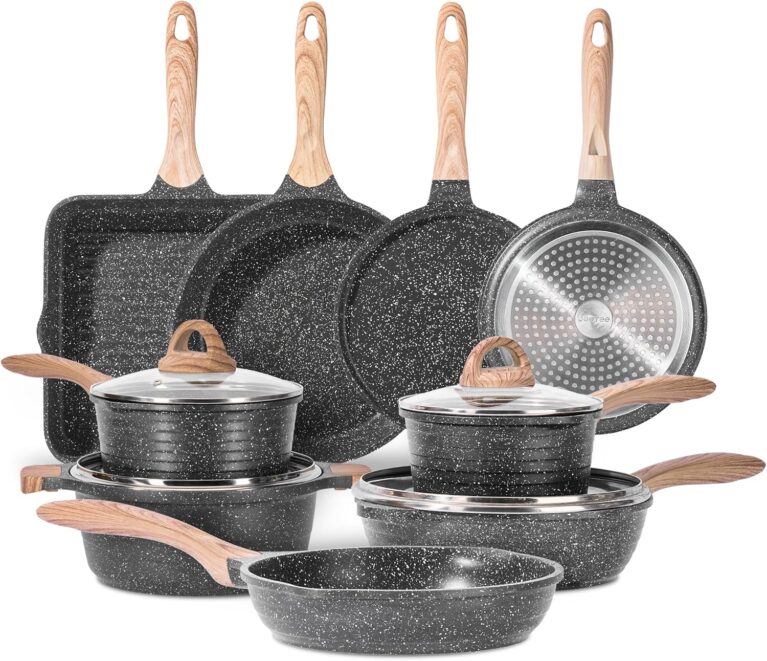 JEETEE Kochtopf- und Pfannen-Set, 23-teilig, Grau/Schwarz, Antihaft-Induktionstopf-Set mit Glasdeckel, Kochtopf, Bratpfannen, Schmorpfanne, Crêpes-Pfanne, Grillpfanne