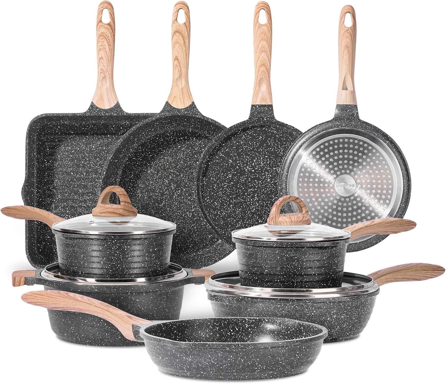 JEETEE Kochtopf- und Pfannen-Set, 23-teilig, Grau/Schwarz, Antihaft-Induktionstopf-Set mit Glasdeckel, Kochtopf, Bratpfannen, Schmorpfanne, Crêpes-Pfanne, Grillpfanne