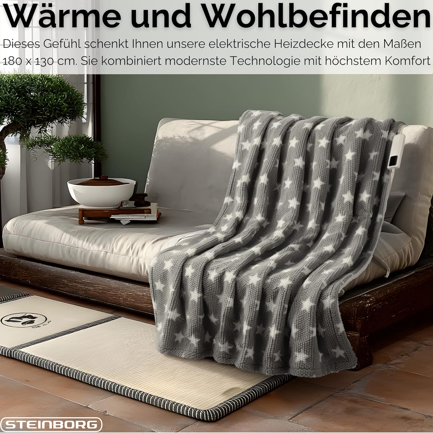 Steinborg Heizdecke mit automatischer Abschaltung, 180 x 130 cm, kuschelige Heizdecke, elektrische Heizdecke, Kuscheldecke, Bett, Sofa, Thermodecke, 9 Stufen, waschbar – Bild 2