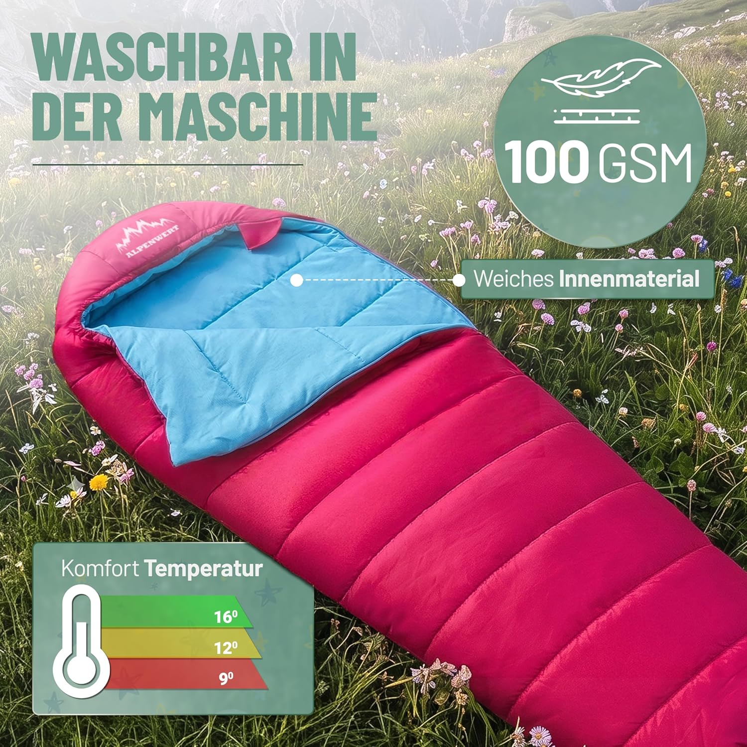 ALPENWERT® Kinder-Sommerschlafsack – wächst mit! (130-170 cm) – nur 920 g, kompakt (32 x 19 cm) – perfekt für Camping, Festival, Outdoor – Mumienschlafsack ab 6 Jahren – Bild 4
