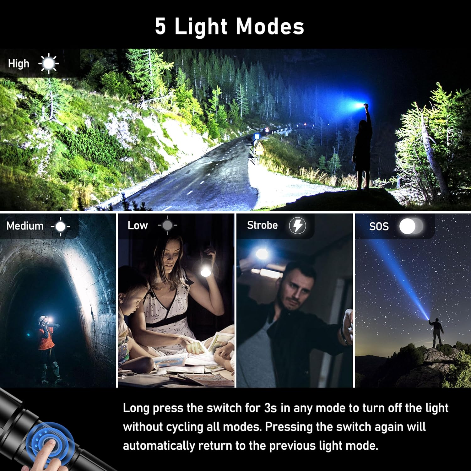Blukar Taschenlampe LED wiederaufladbar, extrem hell, hohe Helligkeit, zoombare Taschenlampen, stark mit 5 Lichtmodi, IP67 wasserdichte Taschenlampe für Camping, Wandern, Outdoor, Angeln, Notfall – Bild 4