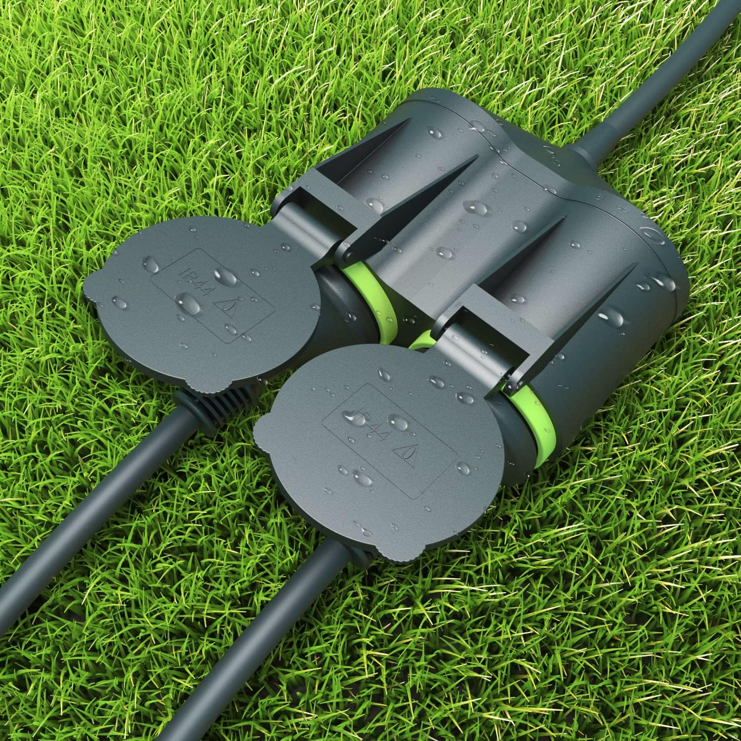 MutecPower 5 m Verlängerungskabel mit 2 Schuko-Steckdosen für den Außenbereich IP44 H05RR-F3G 1,5 mm² Doppelverlängerung mit 2 Schutzkontakt-Steckdosen 2-fach Outdoor-Verteiler 5 m schwarz/grün – Bild 4