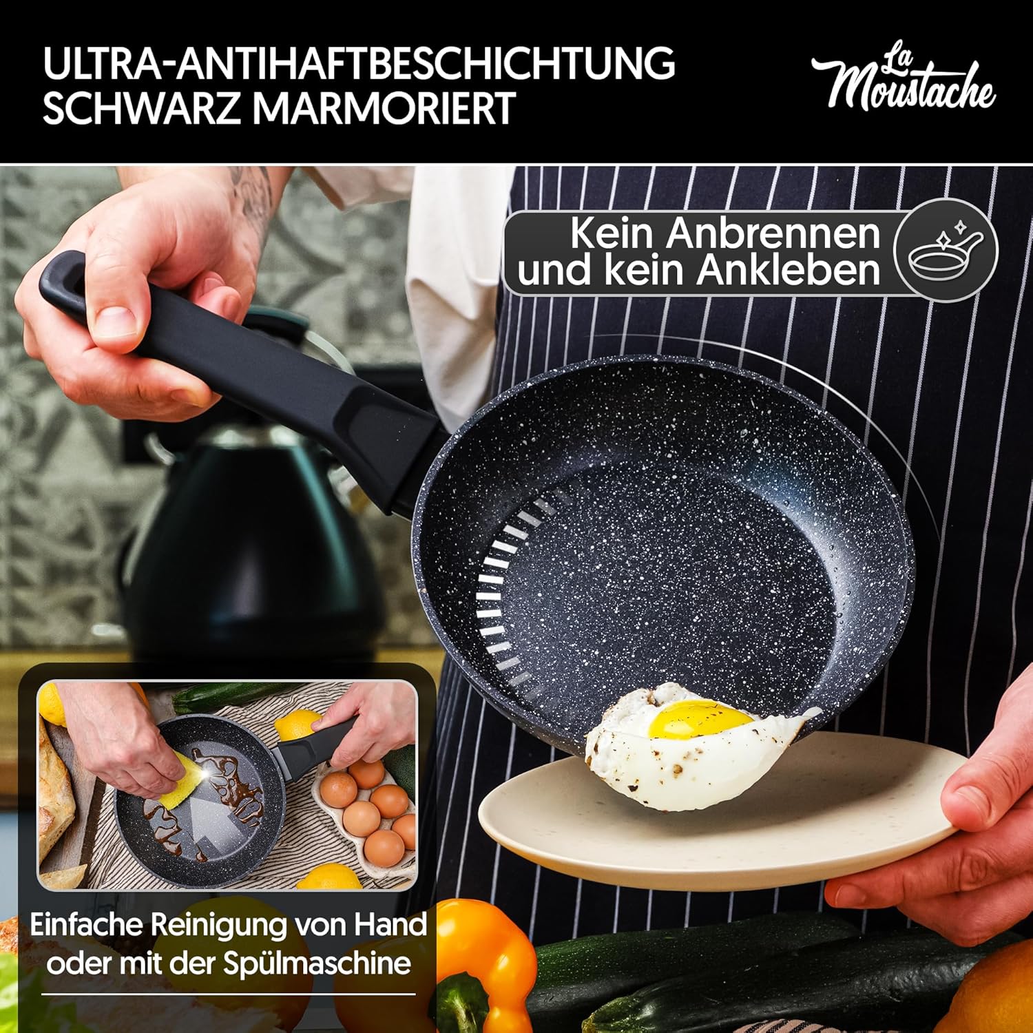 La Mustache – 8-teiliges Aluminium-Kochgeschirr-Set mit E-Book, Antihaftbeschichtung, 3 Töpfen, 3 Glasdeckeln und 2 Bratpfannen für alle Herdarten einschließlich Induktion, PFOA/PFOS-frei (Onix) – Bild 3