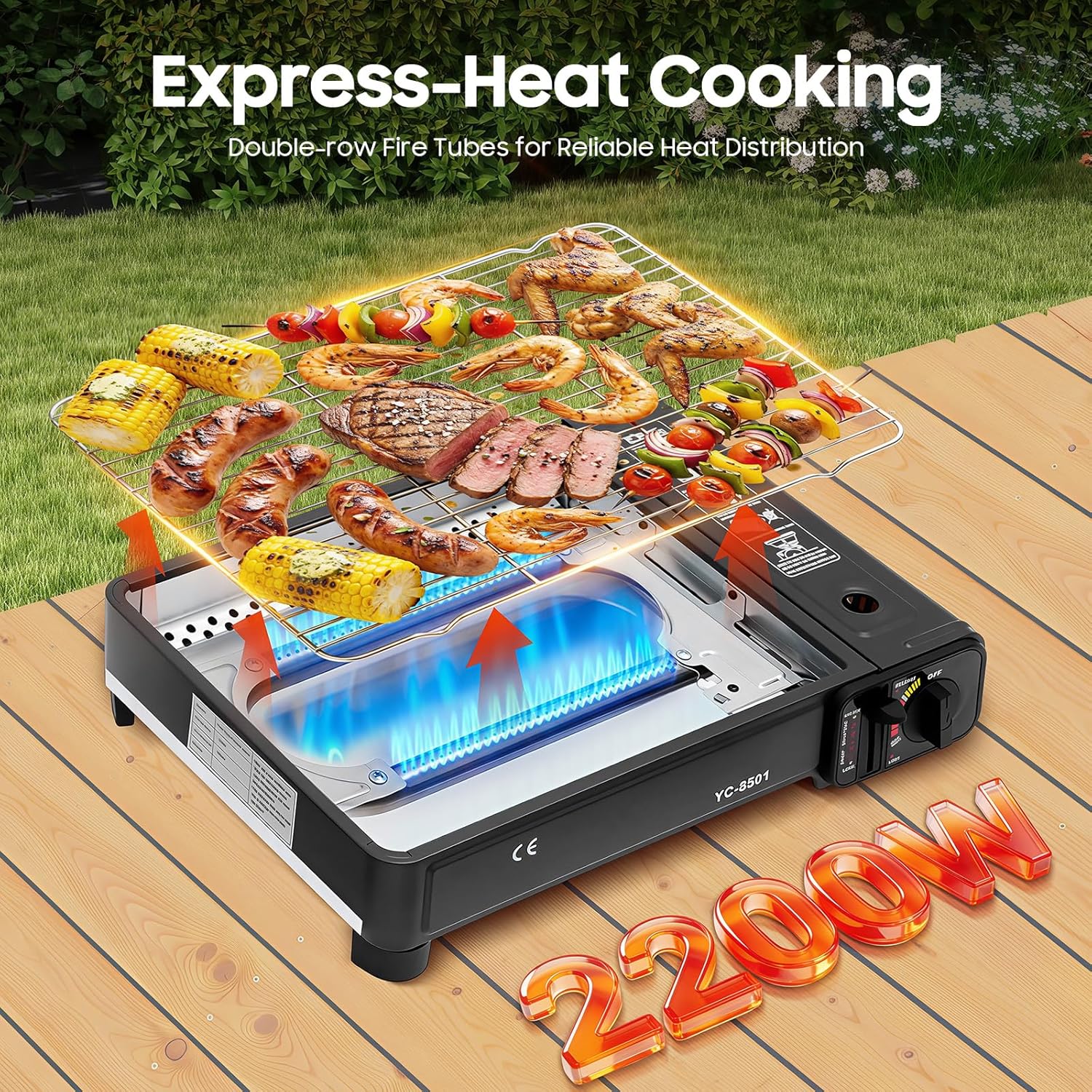 Camping-Gasgrill, 2200 W tragbares Grillset, Tischgrill mit 6 Bratnadeln, 2 Grillnetzen und Koffer, Campingkocher mit Piezo-Zündung und abnehmbarer Tropfschale, für Campingausflüge, Versammlungen – Bild 4