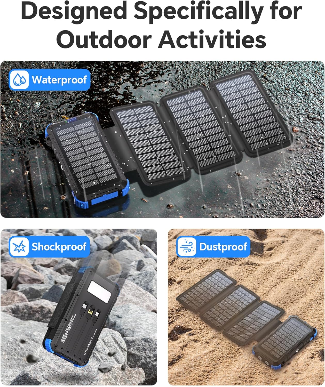 Solar Power Bank 20000 mAh mit 4 Solarpanels, USB C 15 W Schnellladung 5 Ausgänge mit 3 Kabeln, wasserdichter externer Outdoor-Akku mit Karabiner & Taschenlampen für Camping, Telefone, Tablets – Bild 5