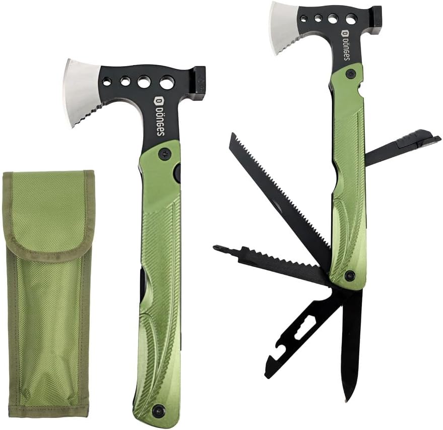 Dönges Multitool 18 Funktionen – Mit Axt, Feuerstein & Koffer – Kompaktes Survival-Tool für Outdoor, Bushcraft & Camping – Geschenk für echte Abenteurer