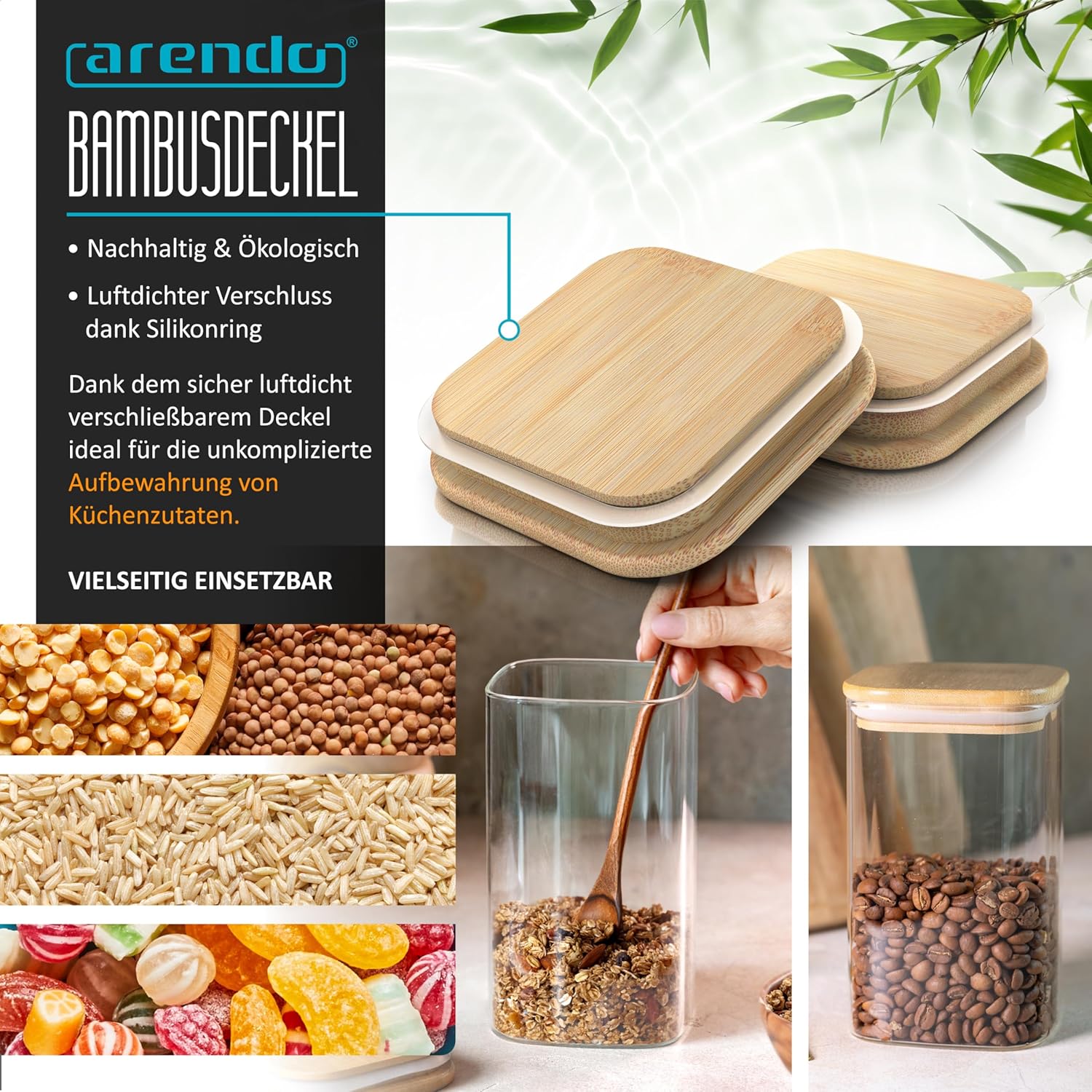 Arendo – Vorratsdosen mit Deckel – 6er-Set – Glasbehälter – hitzebeständig – Vorratsdosen mit Bambusdeckel – luftdicht – für Getreide, Zucker, Mehl, Kaffee, Reis – Bild 3