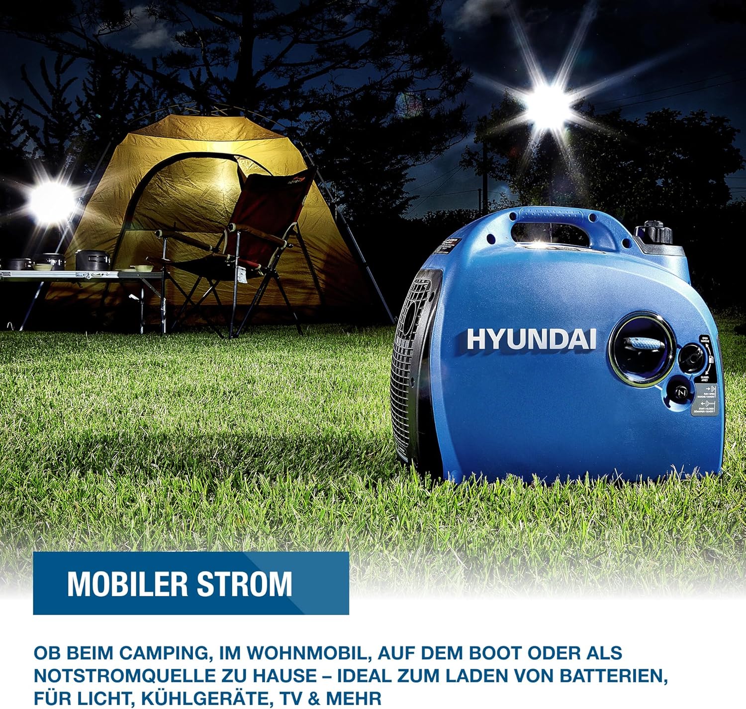 Hyundai Inverter-Generator HY2000Si D (tragbarer Benzingenerator, Inverter-Stromerzeuger mit 2 kW Maximalleistung, Notstromgenerator, Generator) | Stromgenerator mit 2,2 kW max. Power, Benzin-Notstromaggregat, leise, leicht und sparsam – Bild 3