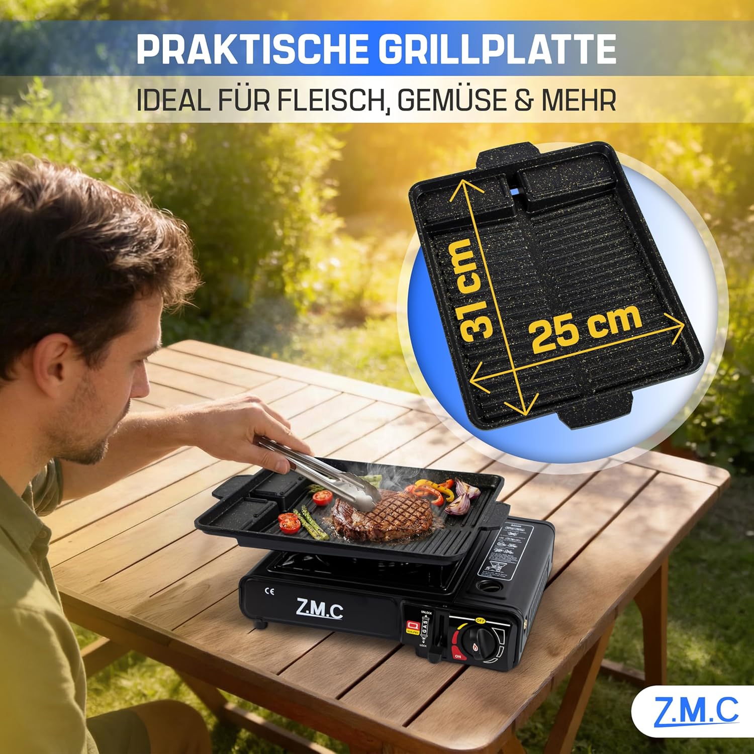 ZMC Gaskocher 1-flammig 2,2 kW Campingkocher mit Piezo-Zündung, Transportkoffer & LPG-Adapter optional mit Gaskartuschen 227 g & Grillplatte für Camping, Outdoor & Notfall – Bild 4