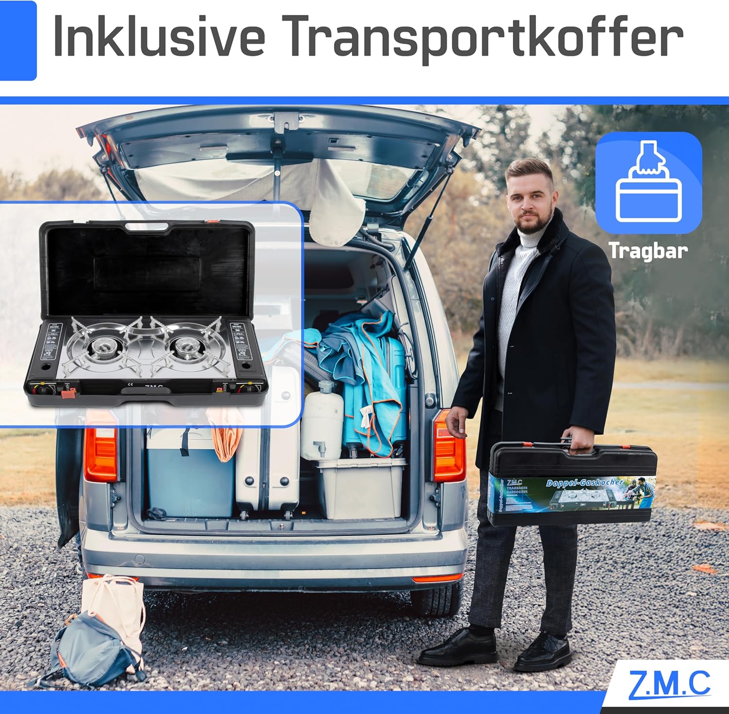 ZMC Gaskocher 2-flammig, 2 x 2,5 kW, LPG-Adapter + Aufbewahrungskoffer, Campingkocher mit Piezo-Zündung, optional mit Grillplatte und Gaskartuschen, 227 g, für den Außen- und Innenbereich – Bild 8