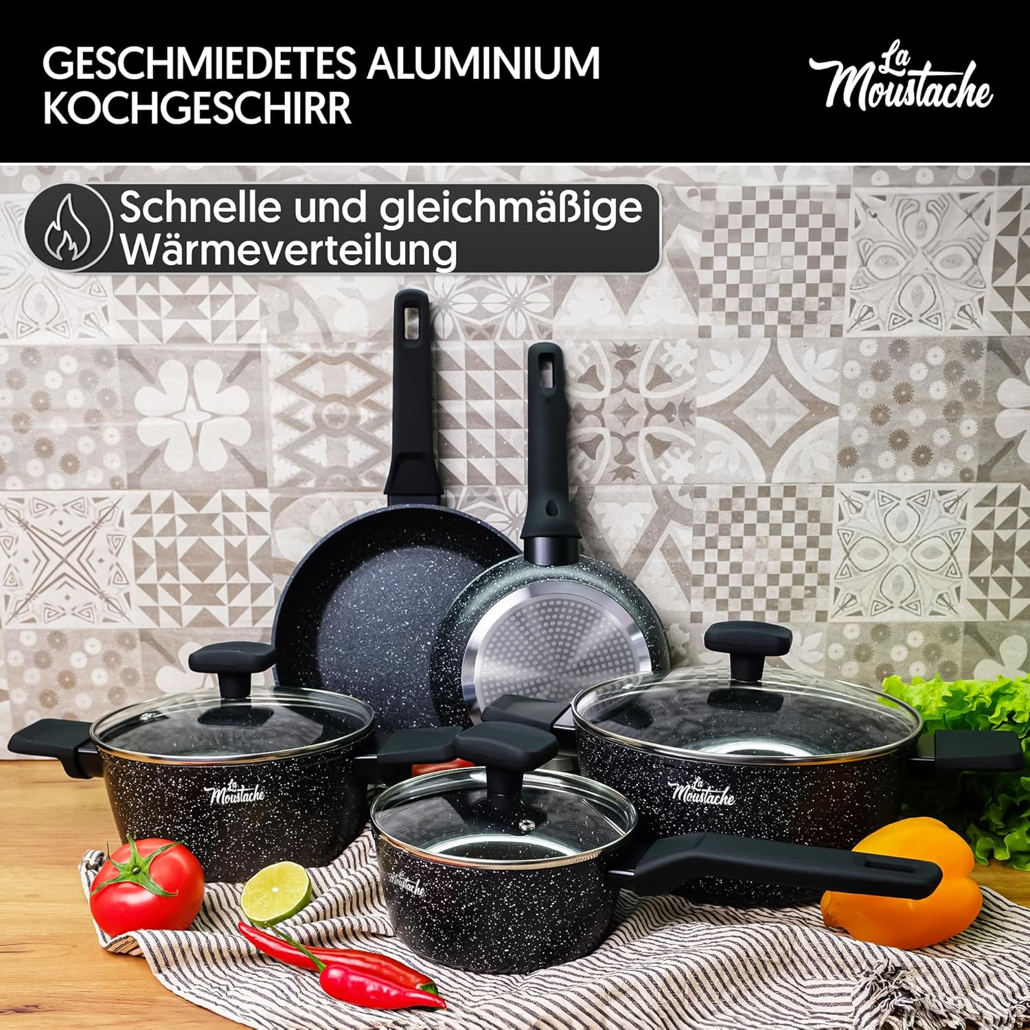 La Mustache – 8-teiliges Aluminium-Kochgeschirr-Set mit E-Book, Antihaftbeschichtung, 3 Töpfen, 3 Glasdeckeln und 2 Bratpfannen für alle Herdarten einschließlich Induktion, PFOA/PFOS-frei (Onix) – Bild 2