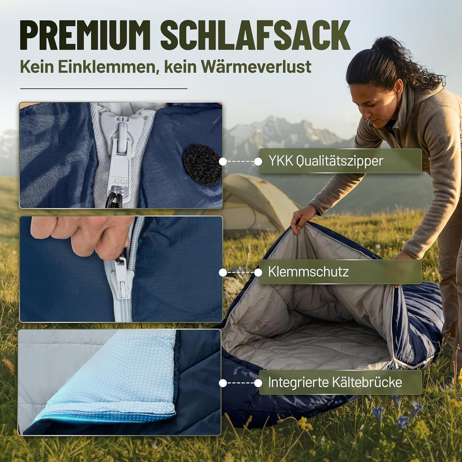 ALPENWERT® Schlafsack Sommer Ultraleicht & Klein (15 x 27 cm Packmaß) – Wasserabweisend, YKK-Reißverschluss, Kältebrücke & Einklemmschutz – Perfekt für Camping & Festival – Bild 5