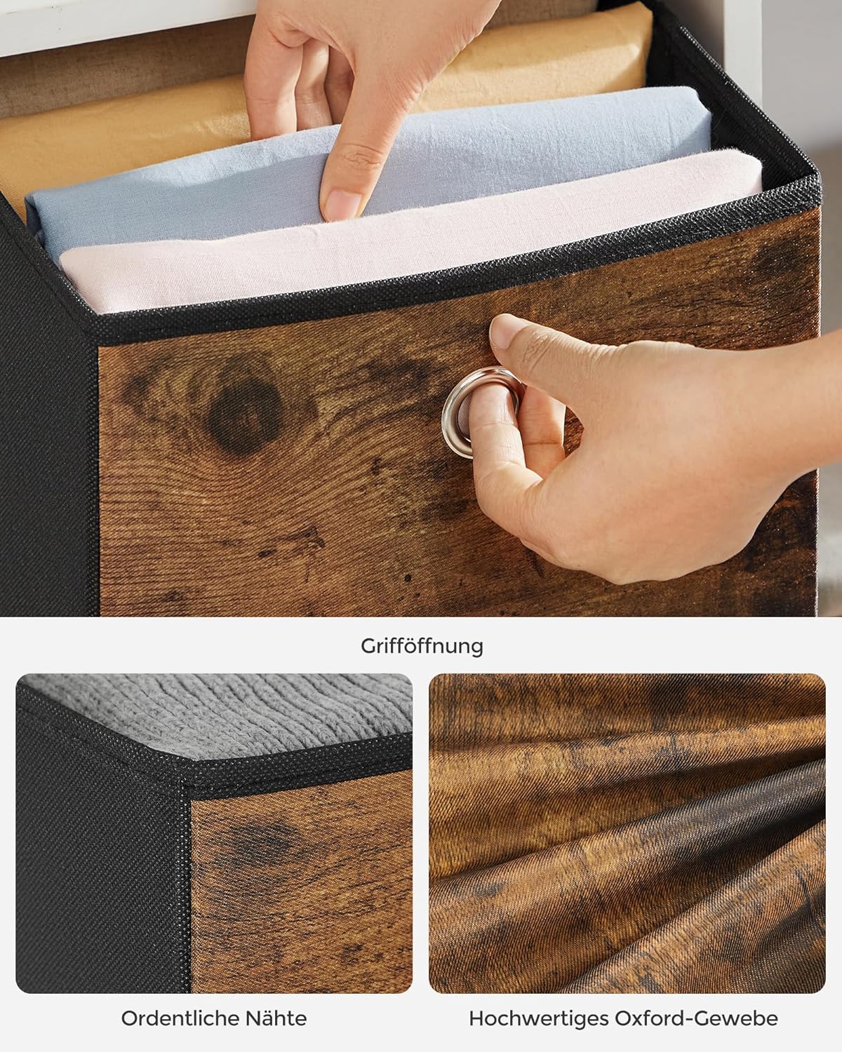 SONGMICS Aufbewahrungsboxen, 6er-Set, Oxford-Stoff, Faltbox, 33 x 33 x 33 cm, Stoffbox, für Würfelregal, Organizer für Kleidung, Vintage Braun/Schwarz, RFB133B01 | Fit Cube faltbare Aufbewahrungseinheit, 33 x 33 x 33 cm, Rustikales Braun und Schwarz, RFB133B01 – Bild 7