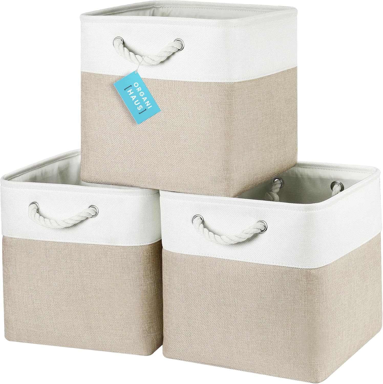 OrganiHaus Aufbewahrungsbox, 30 x 30 cm, 3er-Set, Würfelkörbe aus Stoff mit Seilgriffen, faltbare Aufbewahrungswürfel für Kallax-Organizer, Aufbewahrungskörbe für Kinderzimmer, Beige/Weiß
