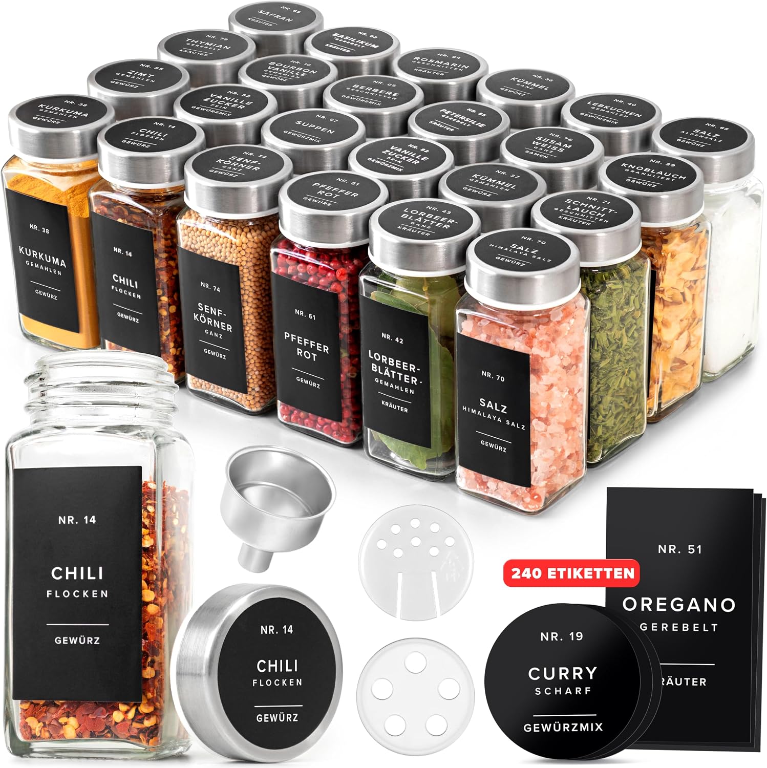 EDELHAUS Quadratisches Gewürzdosen-Set mit Edelstahldeckel (24 x 120 ml), Gewürzstreuer mit Streueinsatz und 240 Etiketten schwarz – hochwertige Gewürzbehälter, Gewürzdosen, Gewürz-Organizer (10,7 cm x 4,5 cm)