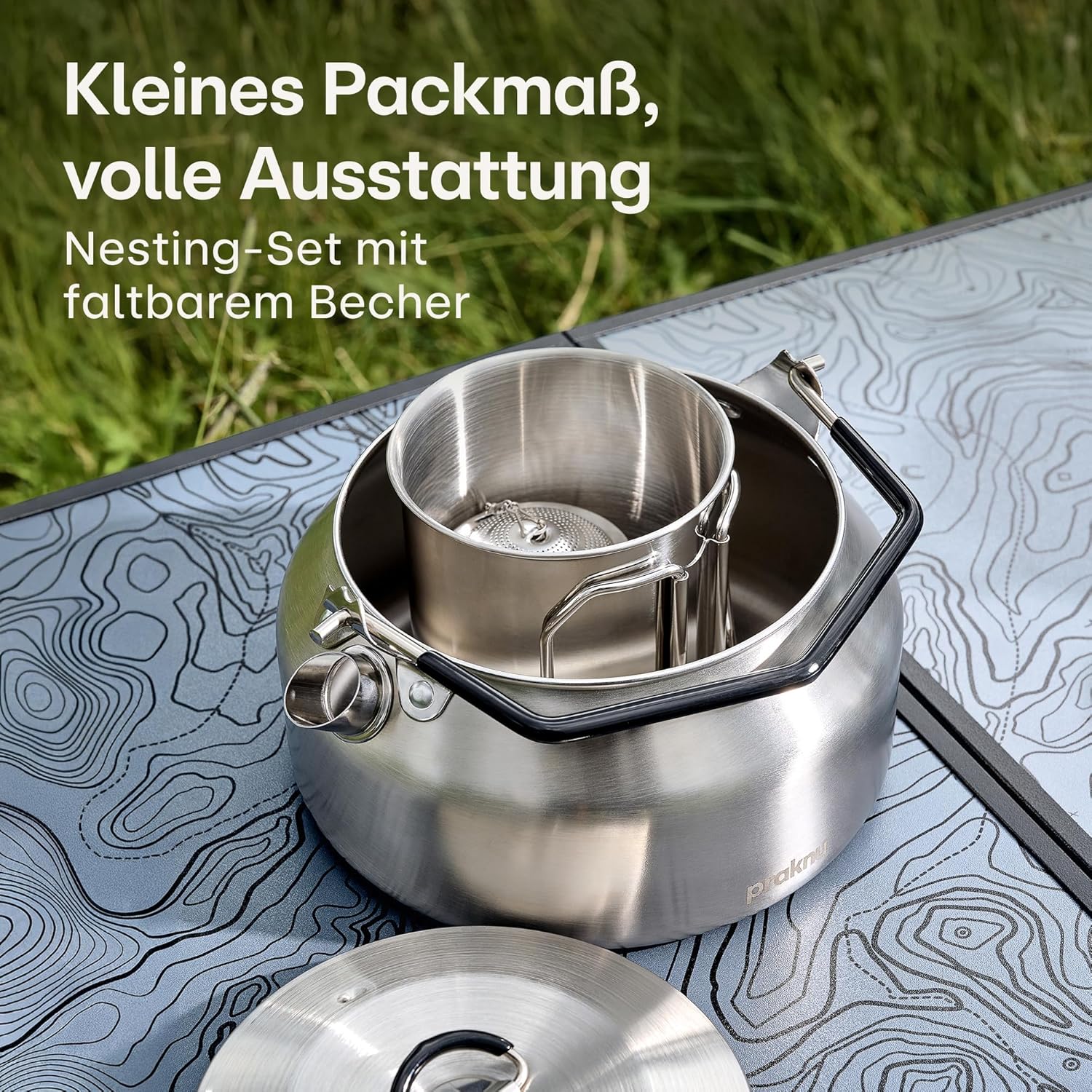 Praknu Camping-Wasserkocher-Set 1 L aus Edelstahl – ohne Strom – Wasserkocher, Tasse, Teesieb & Beutel – stapelbar – Feuer, Gasherd – hitzebeständiger Silikongriff – spülmaschinenfest – Bild 4