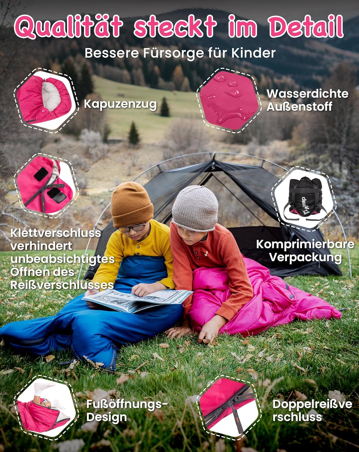 KingCamp Kinderschlafsack 3 Jahreszeiten Deckenschlafsack für Kinder 100-140cm Leicht Warm für Camping und Wandern mit Tragetasche – Bild 5