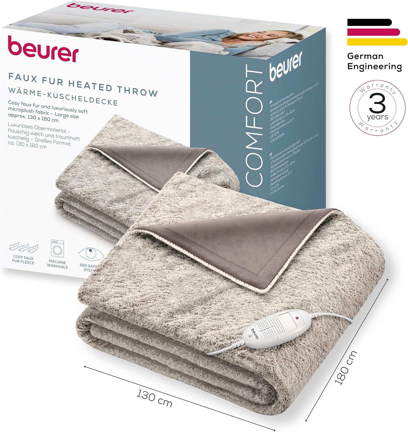 Beurer HD 75 Nordic Heizdecke, gemütliche Felloptik, 6 Temperatureinstellungen, maschinenwaschbar, mit Abschaltautomatik, Beige/Braun – Bild 8