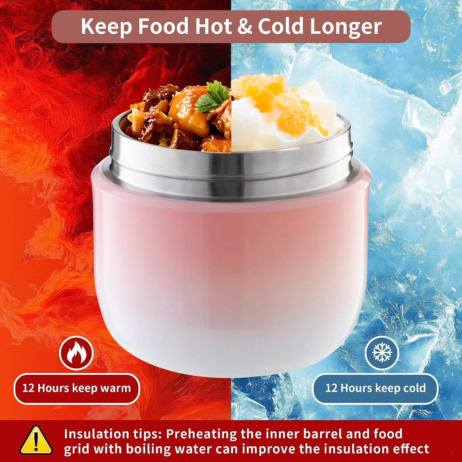 Thermo-Lebensmittelbehälter 1200 ml Fassungsvermögen Warmhaltebehälter Lebensmittel Thermoschüssel mit Deckel, Thermo-Lunchbox zur Aufbewahrung von Mittagessen, Suppen, Brei (Rosa) – Bild 4