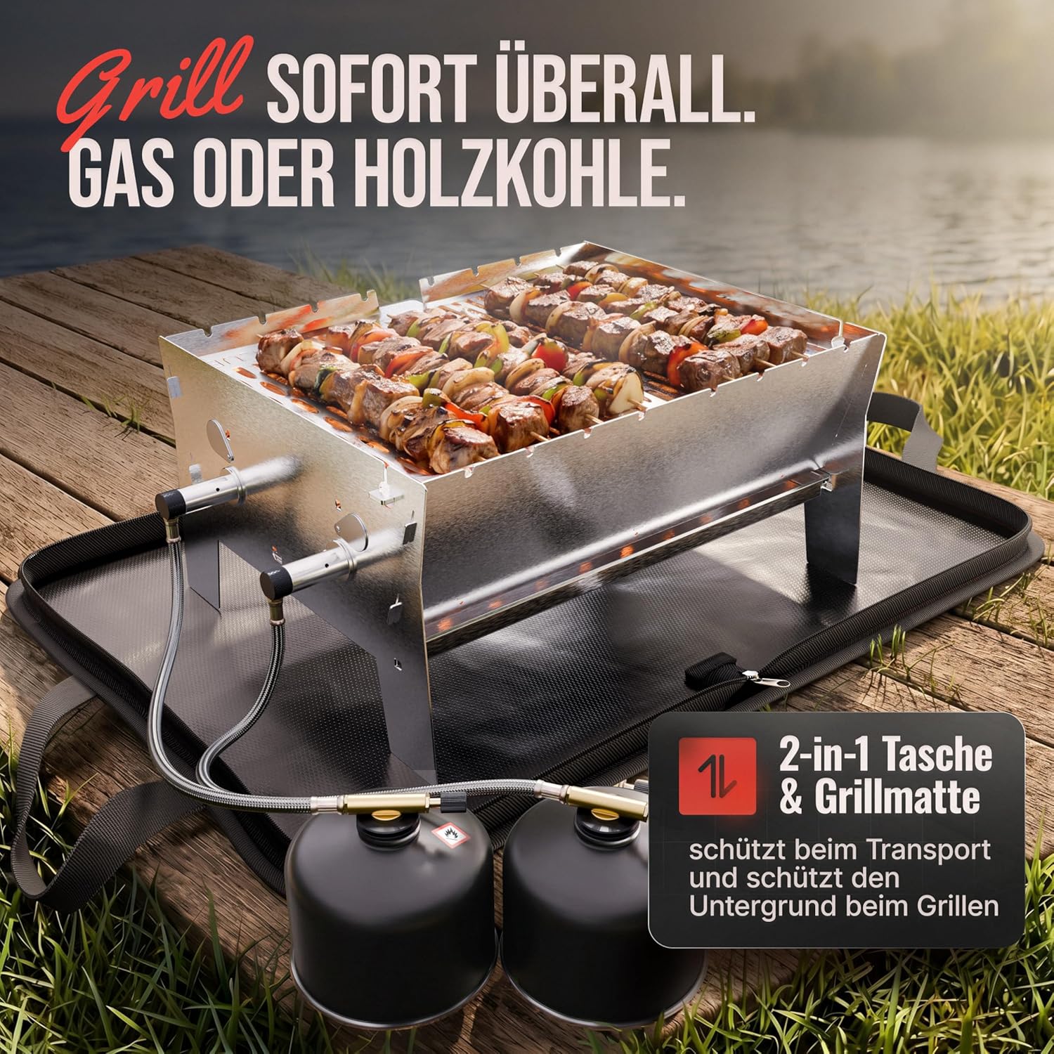 Grillen | Mobiler Plug-In Gasgrill Large XL | 2 Brenner | Tragbarer Edelstahlgrill mit Stecksystem – Gas- und Holzkohlebetrieb inklusive Tragetasche – perfekt für Camping, Balkon – Bild 3