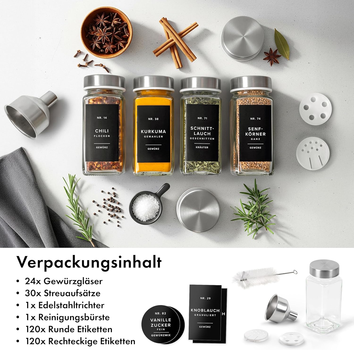 EDELHAUS Quadratisches Gewürzdosen-Set mit Edelstahldeckel (24 x 120 ml), Gewürzstreuer mit Streueinsatz und 240 Etiketten schwarz – hochwertige Gewürzbehälter, Gewürzdosen, Gewürz-Organizer (10,7 cm x 4,5 cm) – Bild 8