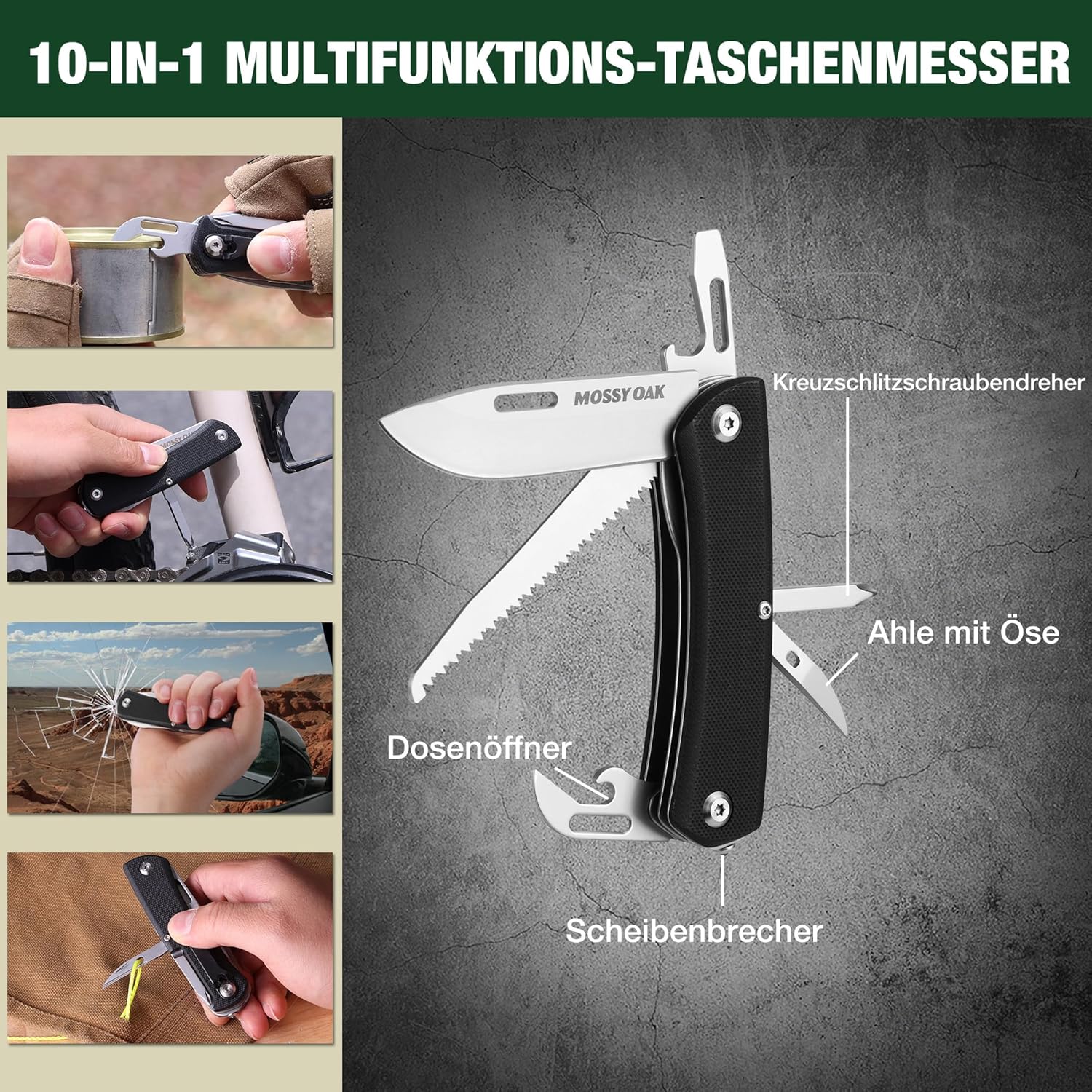 Mossy Oak Taschenmesser 10 in 1, Multitool-Klappmesser mit Edelstahlklinge, Campingmesser mit Flaschenöffner, Schraubendreher & Säge, Multifunktionswerkzeug für Camping & Wandern – Bild 5
