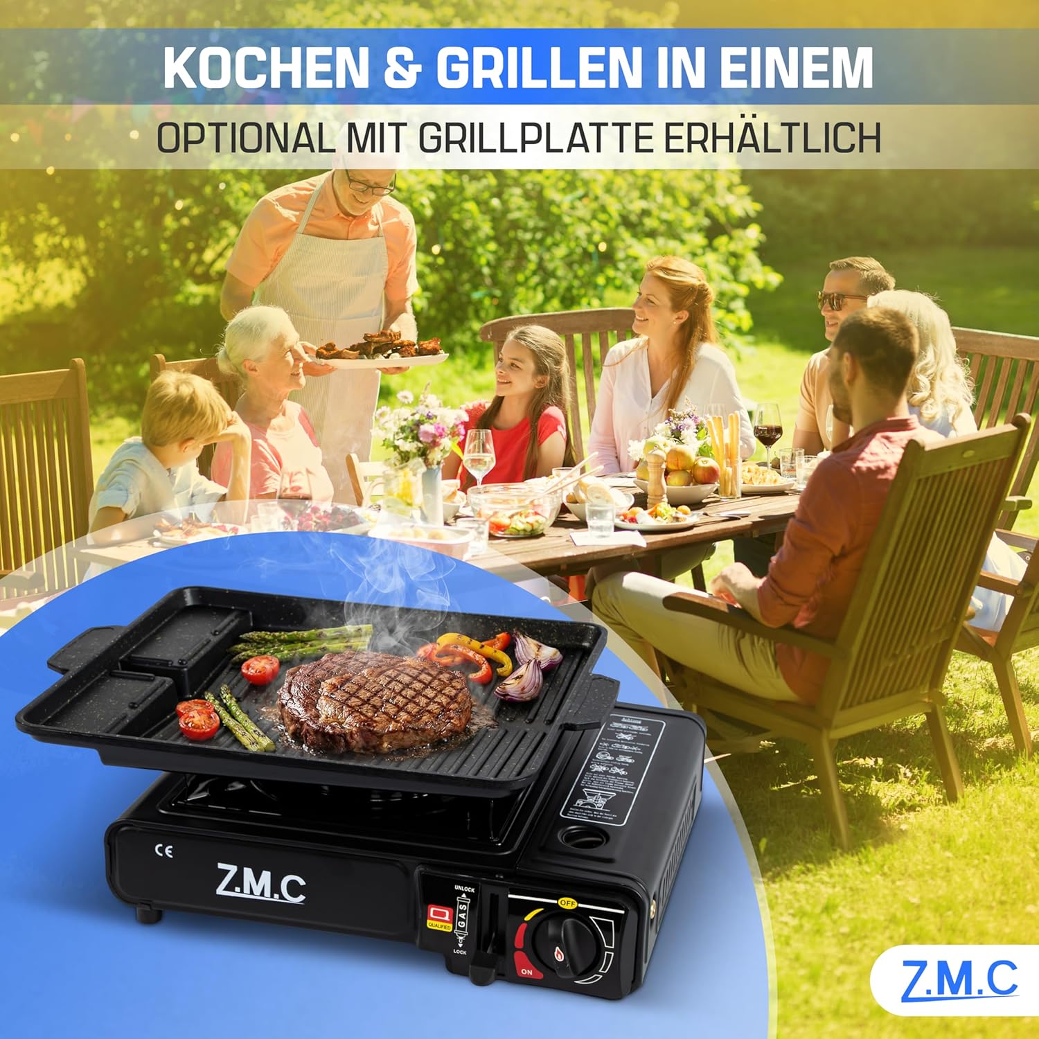 ZMC Gaskocher 1-flammig 2,2 kW Campingkocher mit Piezo-Zündung, Transportkoffer & LPG-Adapter optional mit Gaskartuschen 227 g & Grillplatte für Camping, Outdoor & Notfall – Bild 8