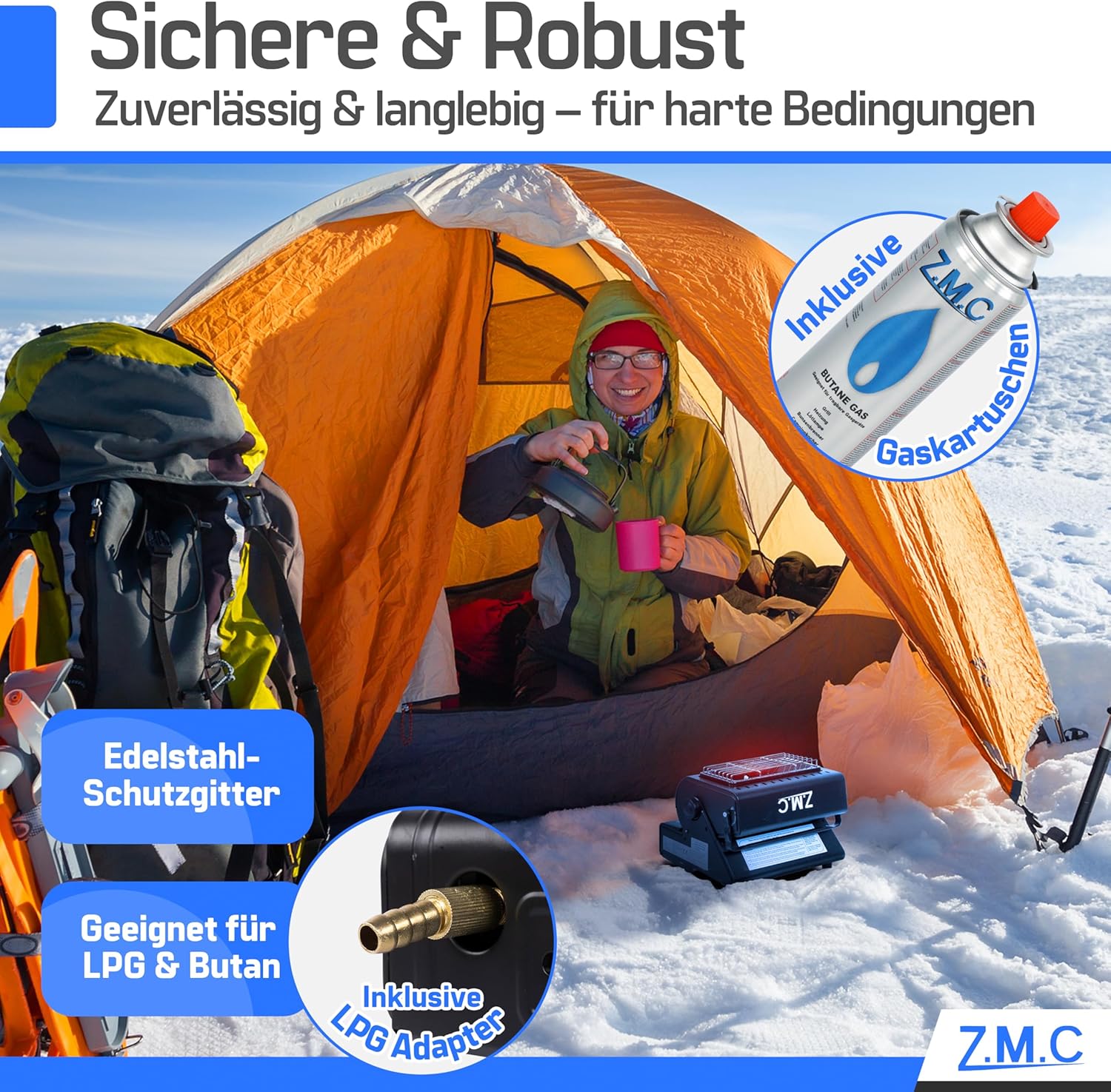 ZMC 2-in-1 tragbarer Keramik-Gasheizer und Gaskocher 1,3 kW mit LPG-Anschluss + 8 Gaskartuschen, Campingkocher mit Piezo-Zündung, Camping-Heizung, Gasheizung für drinnen, draußen, Camping, Wohnwagen – Bild 3
