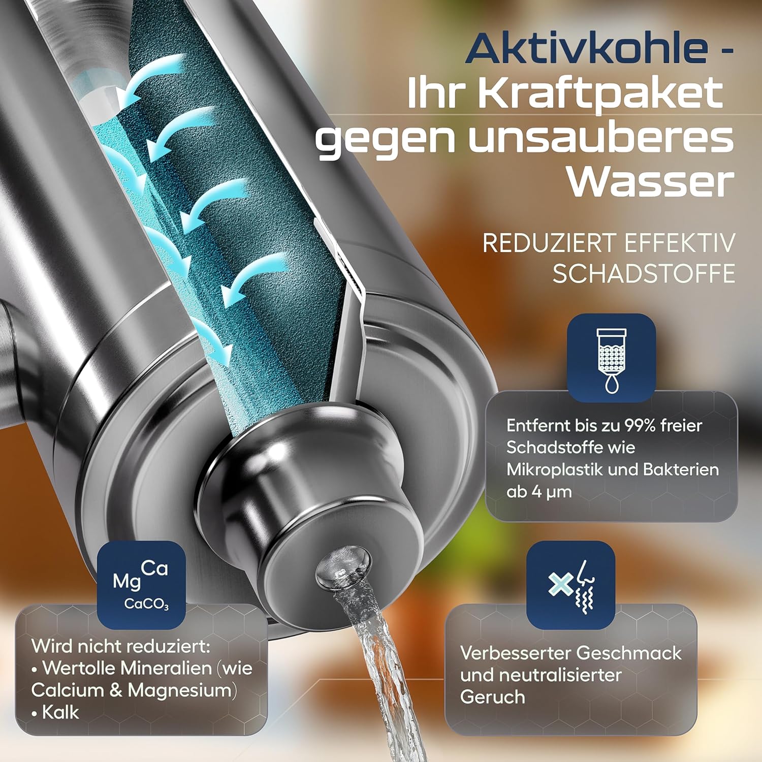 VILTARO Wasserfilter-Wasserhahn mit Kalkschutz – nur 2 Cent/Liter Trinkwasser, BPA-frei, Edelstahl, wassersparender Luftsprudler, Aktivkohle, Filter-Wasserhahn, Wasserhahnfilter für Trinkwasser – Bild 4