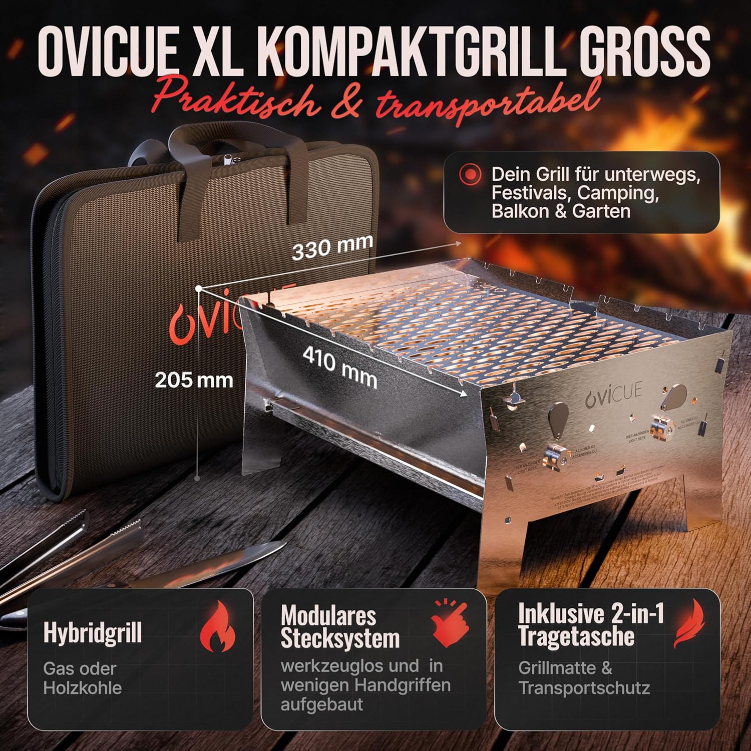 Grillen | Mobiler Plug-In Gasgrill Large XL | 2 Brenner | Tragbarer Edelstahlgrill mit Stecksystem – Gas- und Holzkohlebetrieb inklusive Tragetasche – perfekt für Camping, Balkon – Bild 2